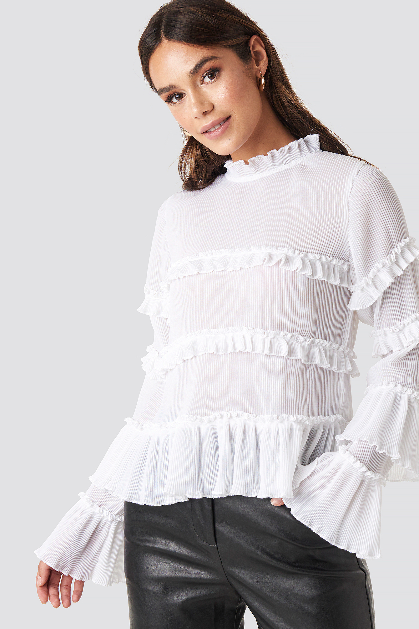 Pleated High Neck Frill Blouse White Na Kd 
