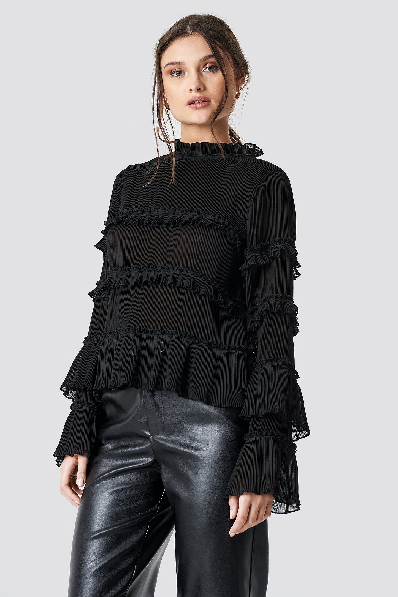 Black NA-KD Party Pleated High Neck Frill Blouse