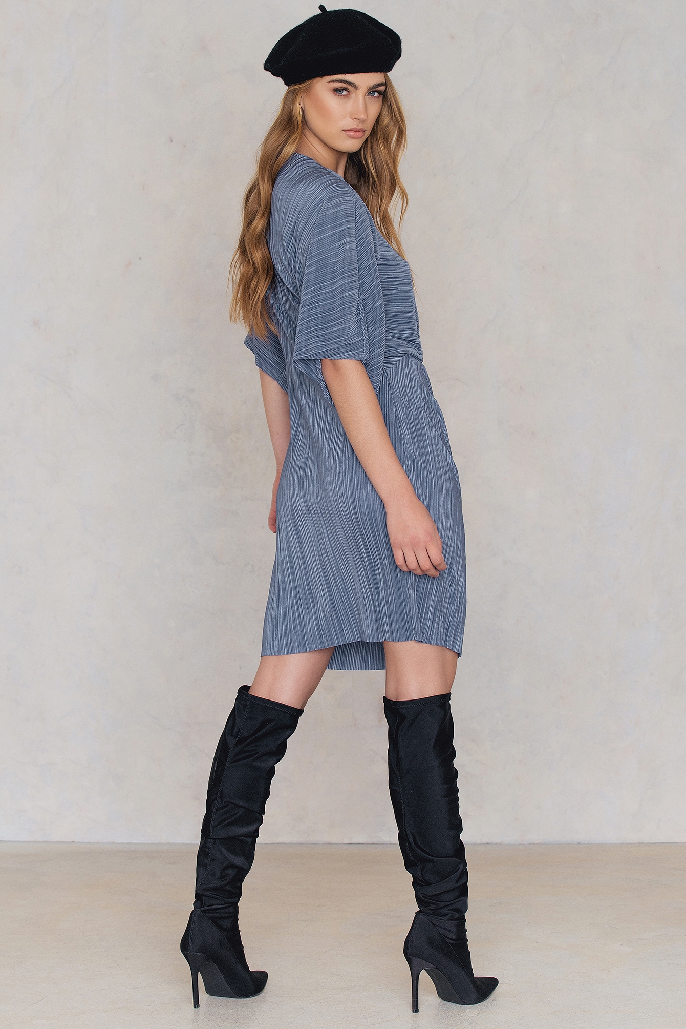 Pleated Knot Front Dress Blue