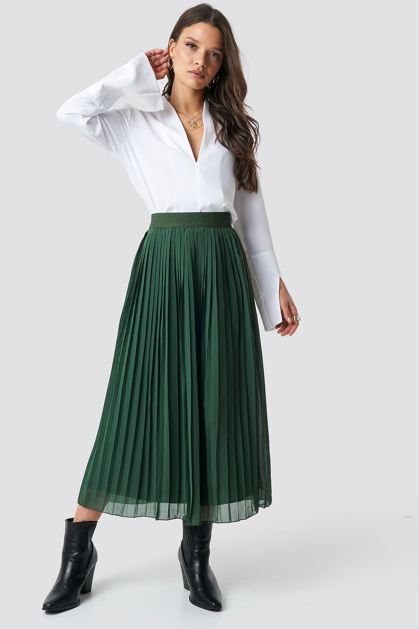 Pleated Long Skirt Dark Green