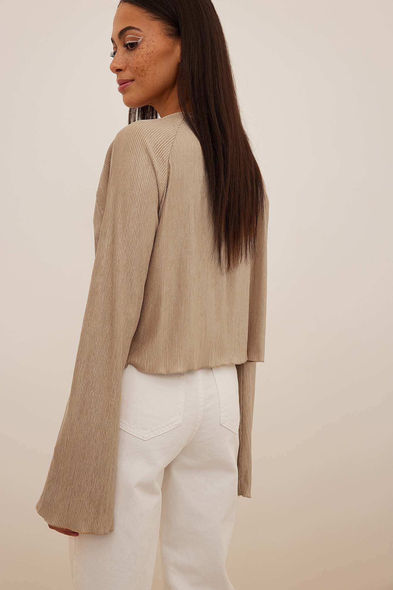 Pleated Long Sleeve Blouse Beige | na 