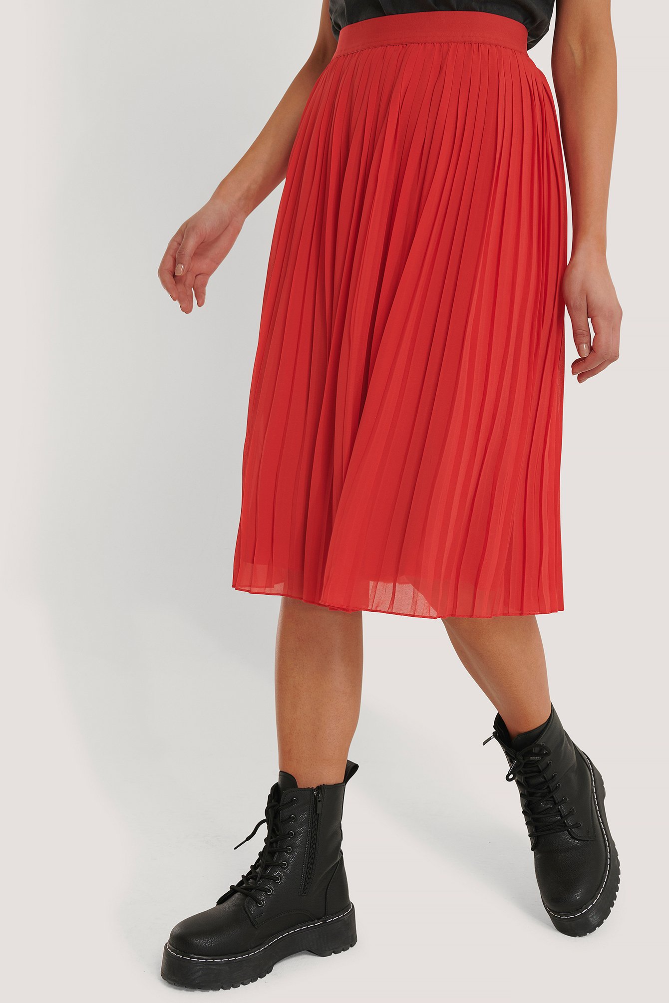 Red Pleated Midi Skirt