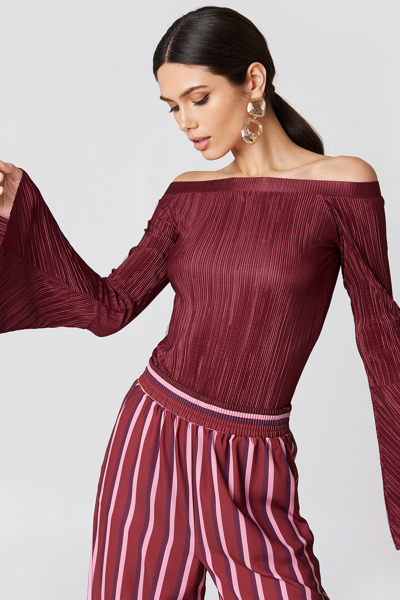 Na-kd  Pleated Off Shoulder Top - Red