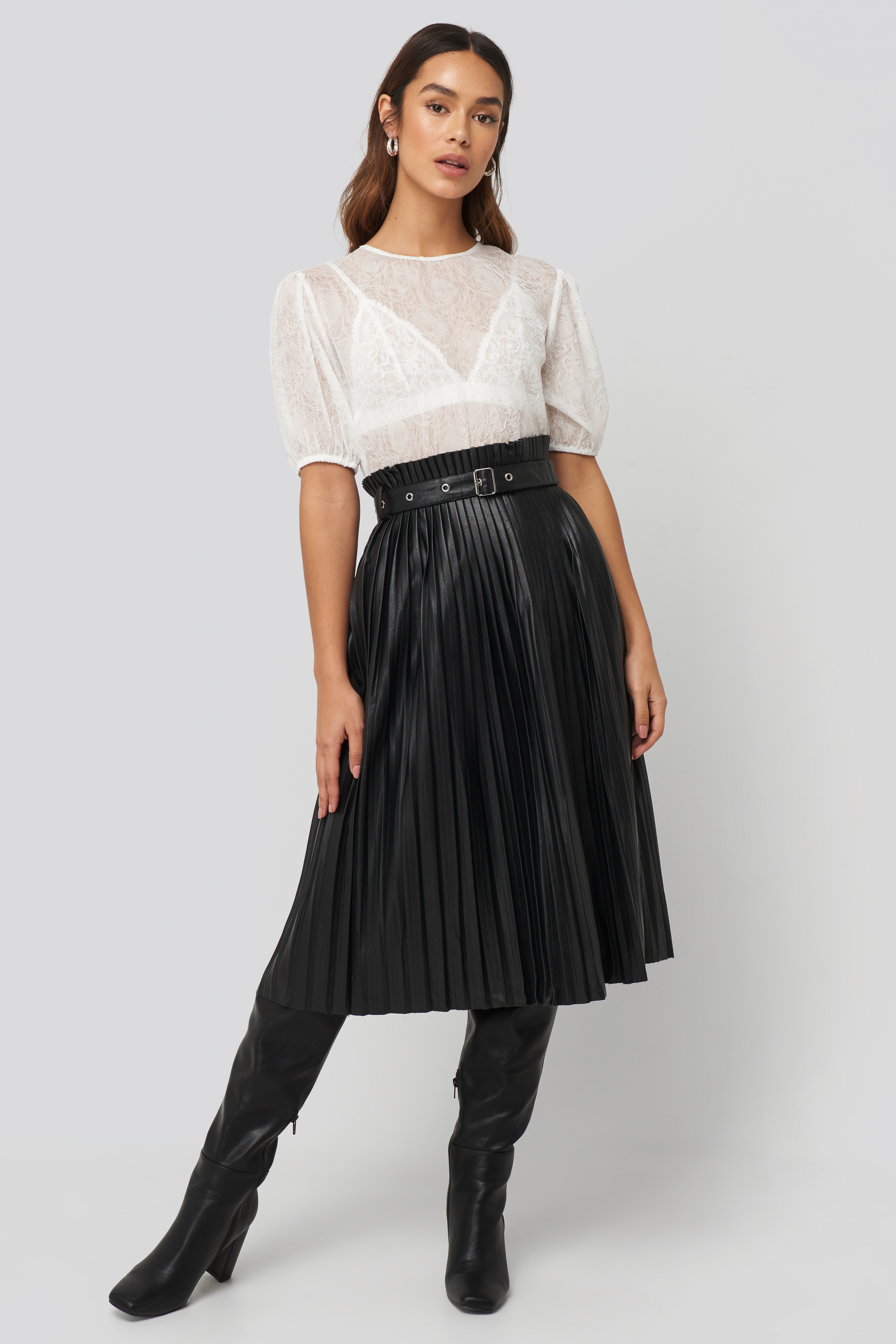 Pleated Pu Belt Skirt Black