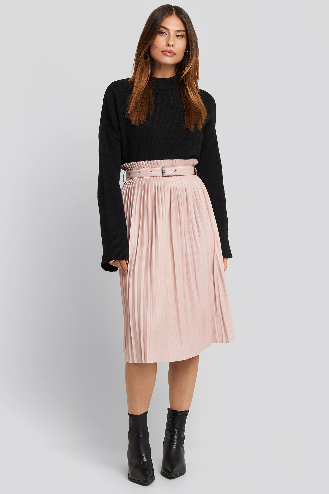 Pleated Pu Belt Skirt Dusty Pink