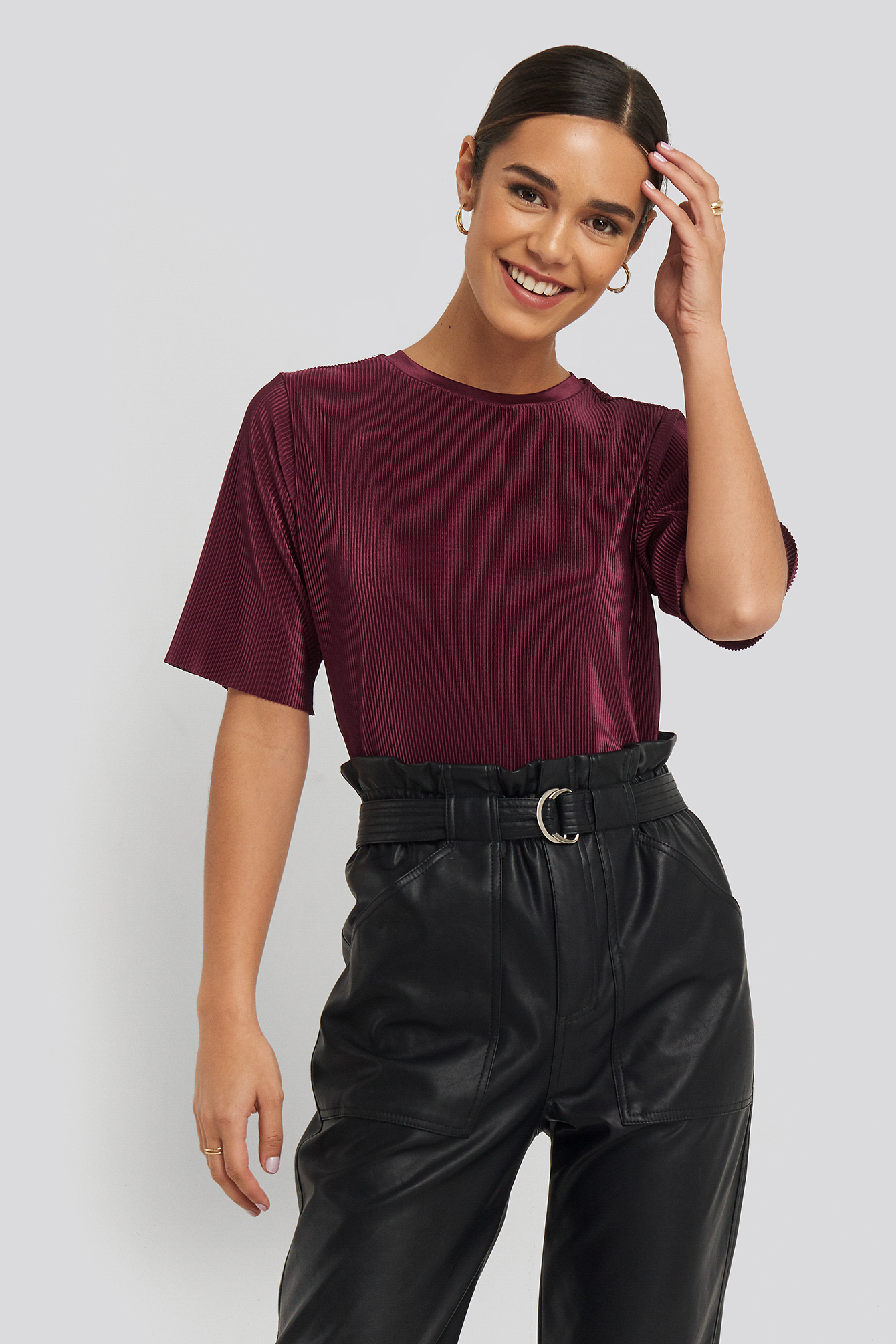 Pleated Short Sleeve Top Burgundy