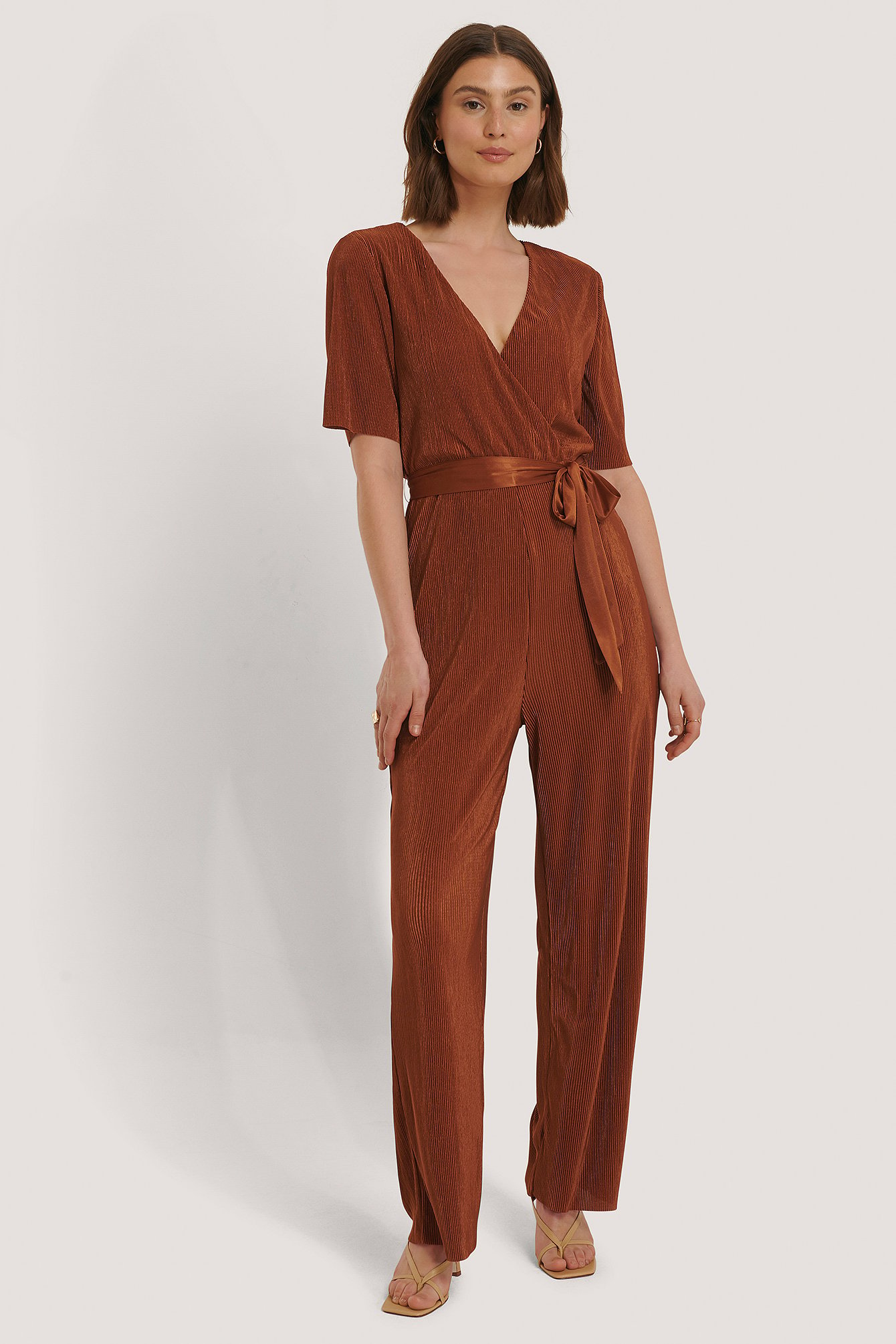 na-kd -  Pleated Tie Jumpsuit - Copper