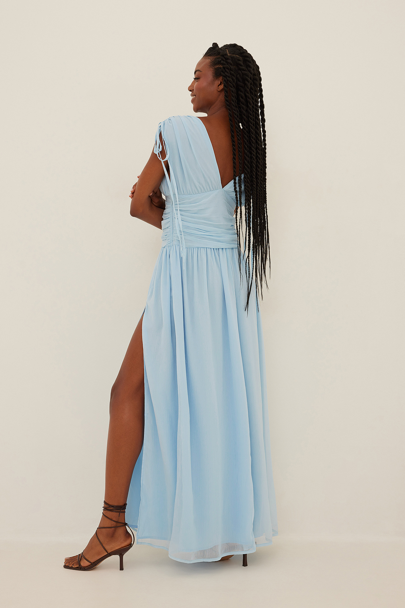 Pleated Waist Shoulder Straps Maxi Dress Blue