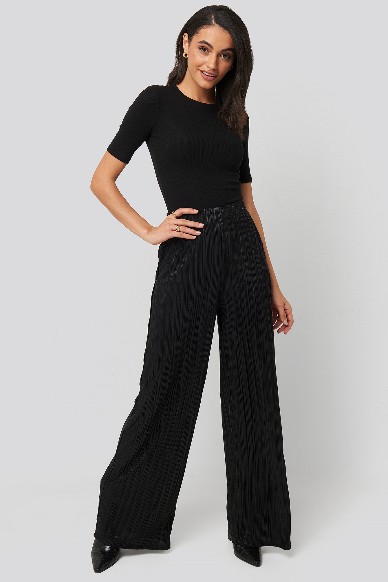Plisse Wide Leg Pants Black | na-kd.com