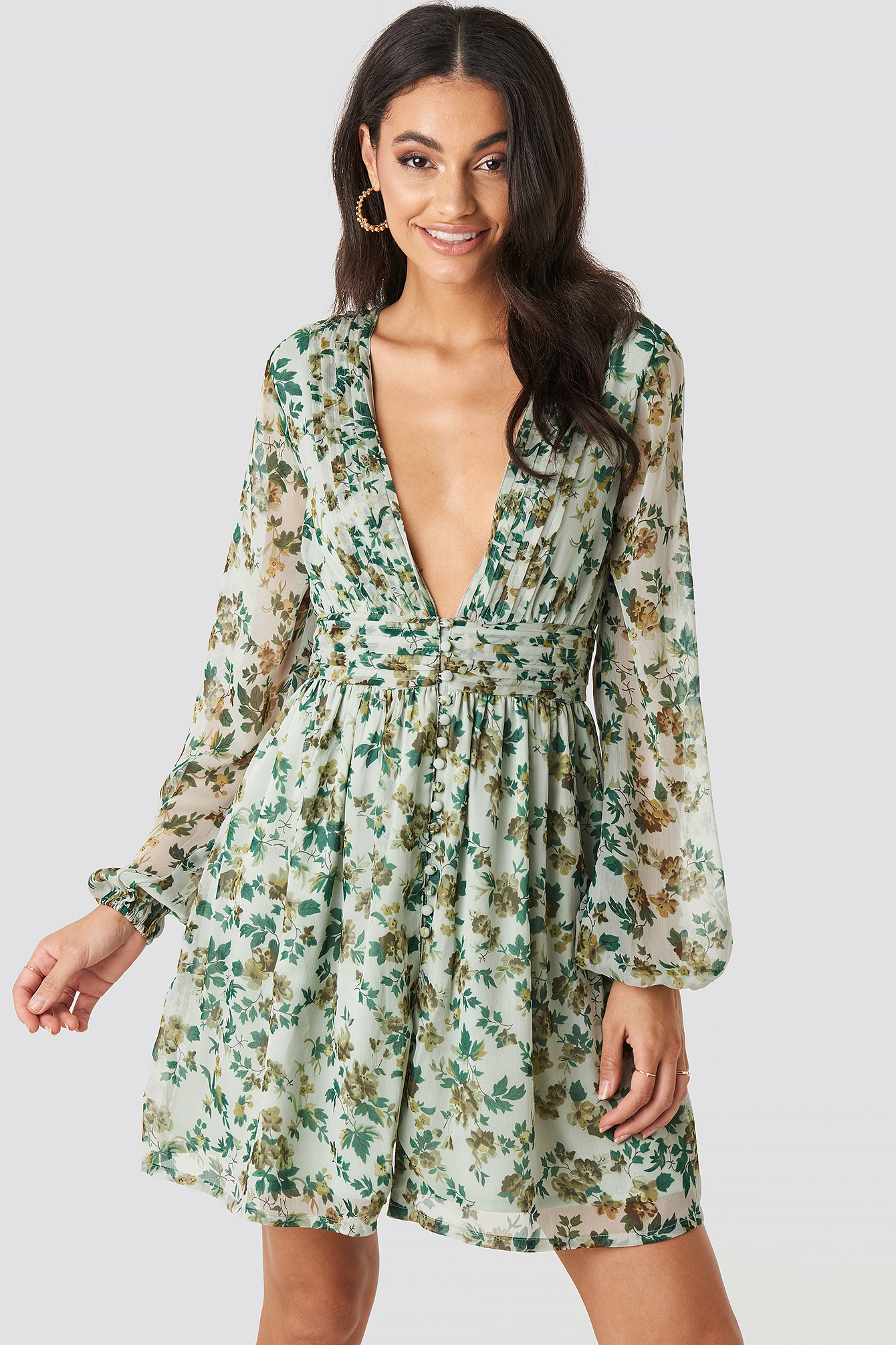Plunge V-Neck Mini Dress Green Flower