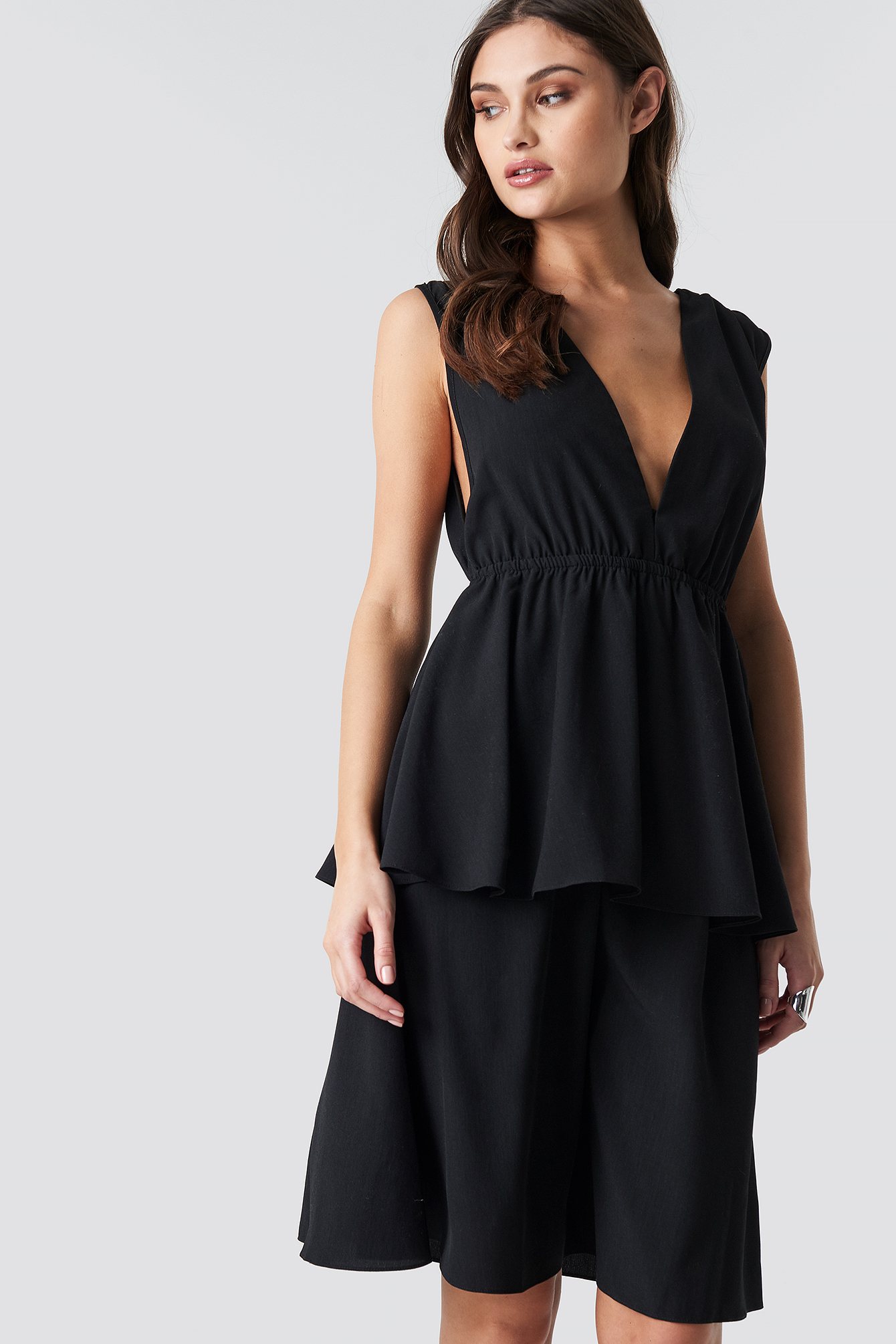 Plunge V-Neck Flounce Dress Black