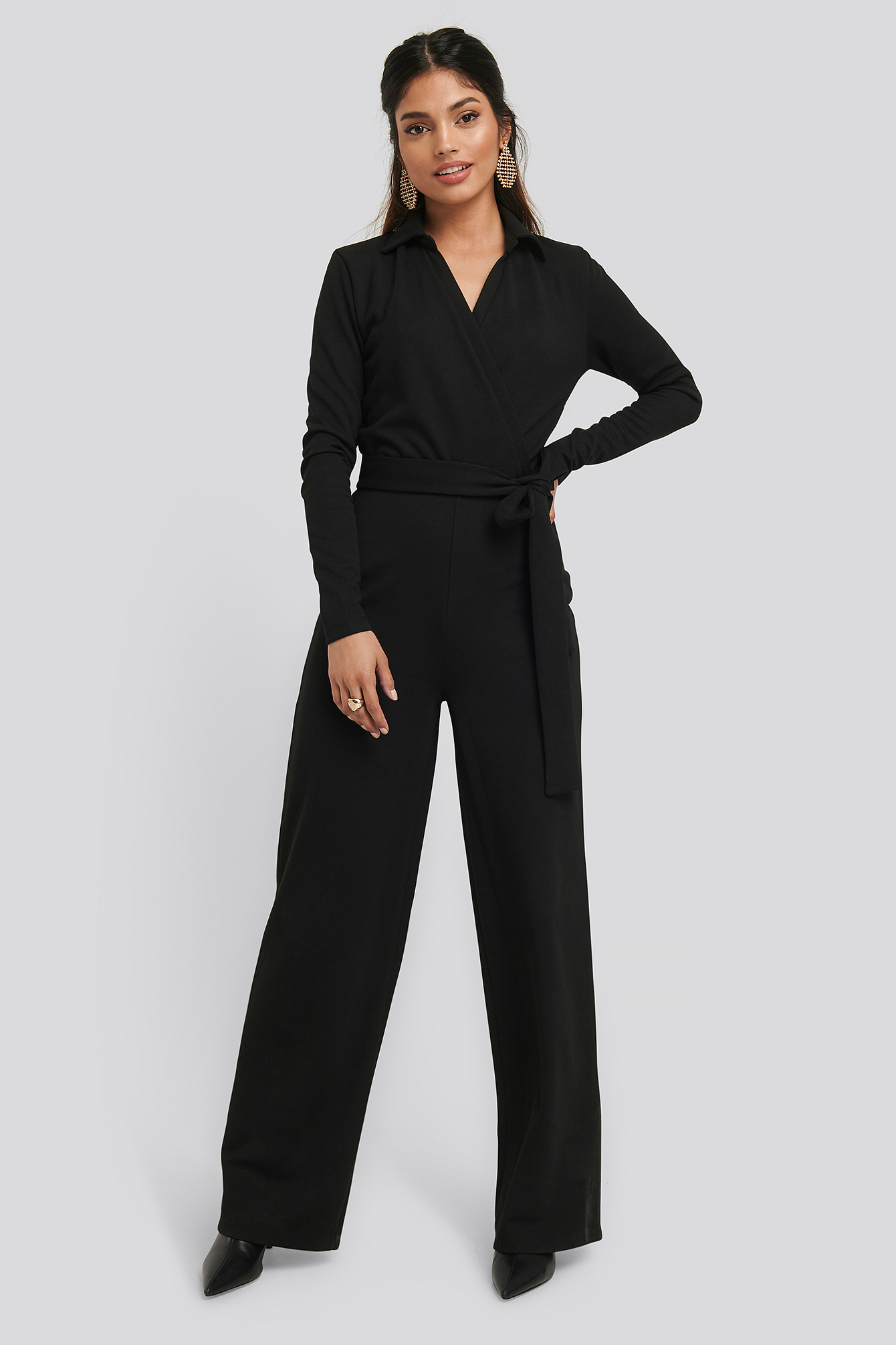 Point Collar Wrap Jersey Jumpsuit Czarny NAKD
