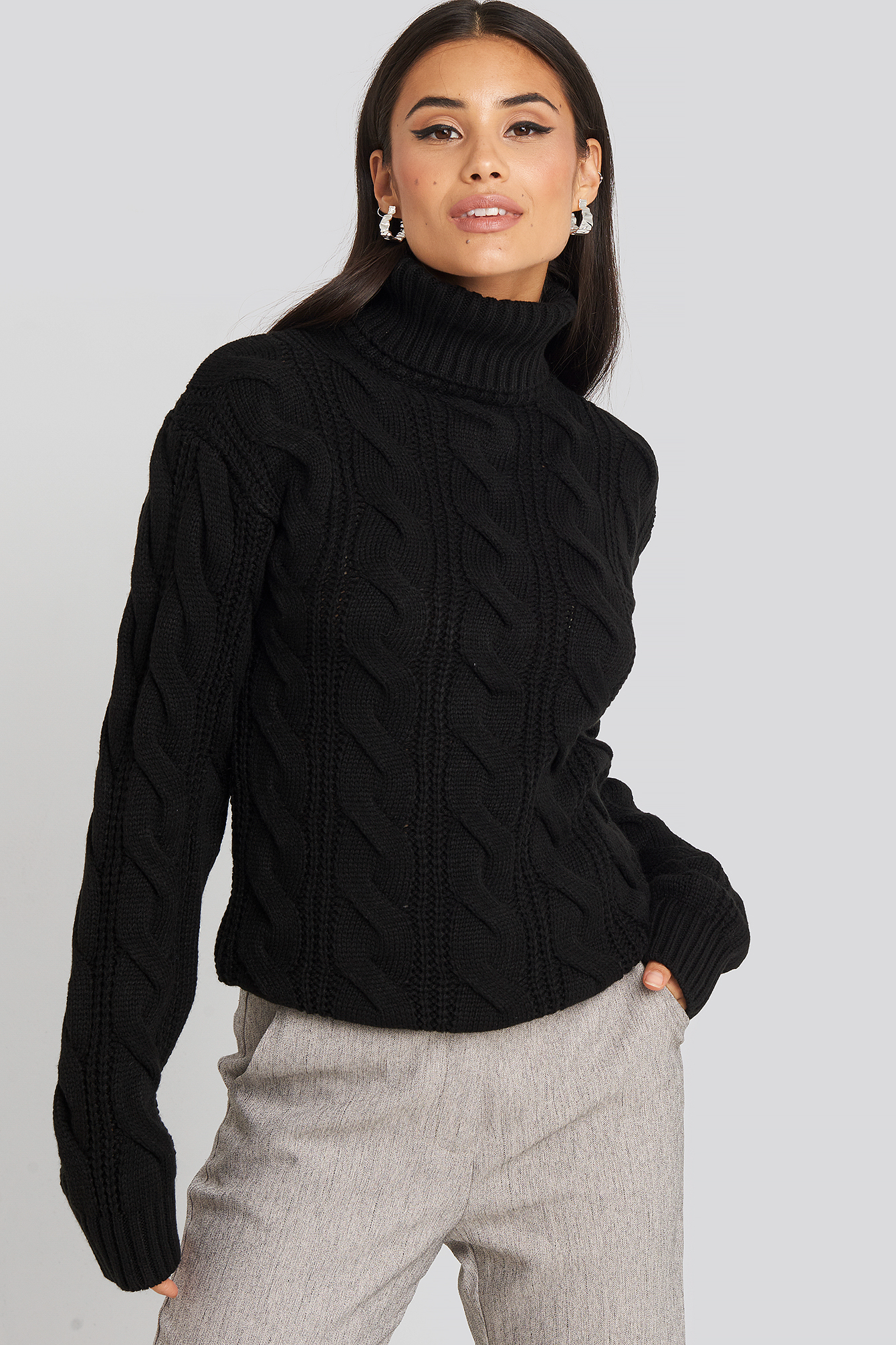 Polo Neck Cable Knitted Sweater Black