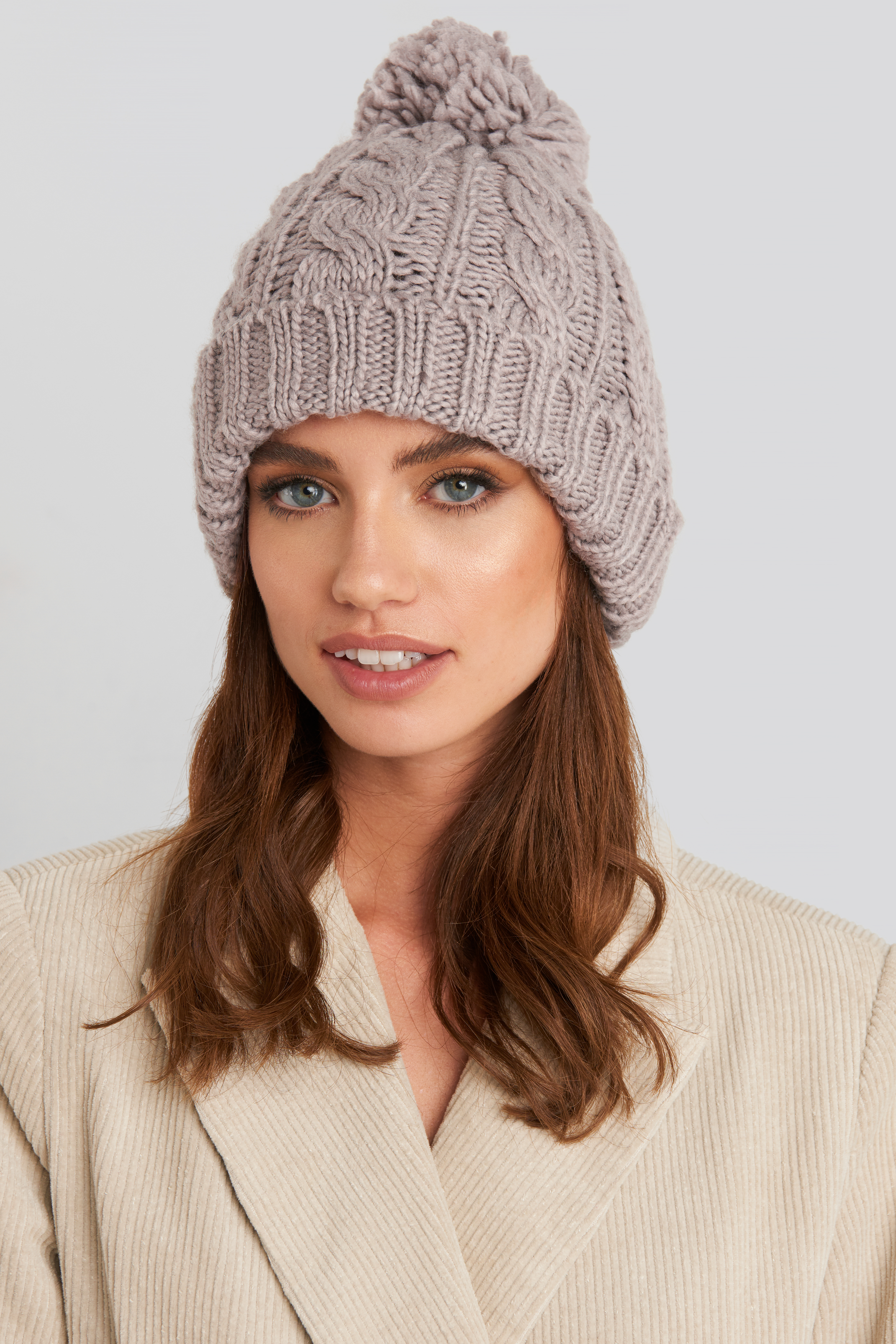 Pom Pom Cableknit Beanie Light Purple