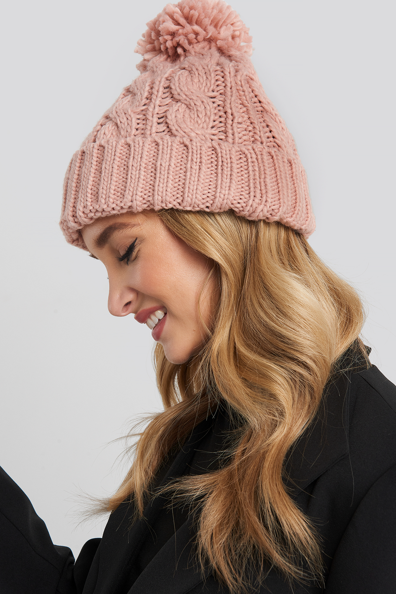 Pom Pom Cableknit Beanie Pink Peach