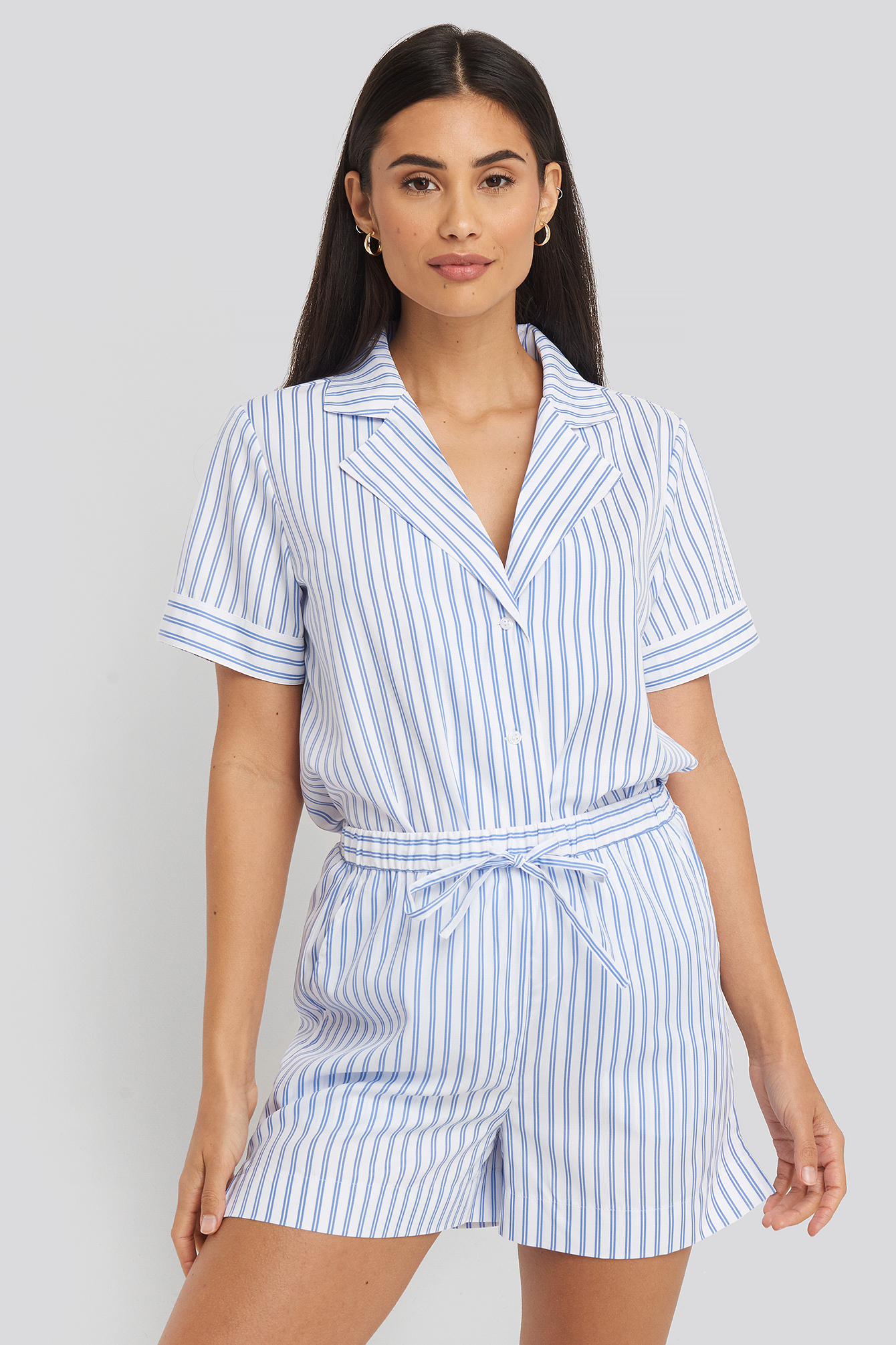 Poplin Cotton Night Shorts Blue/White Stripe