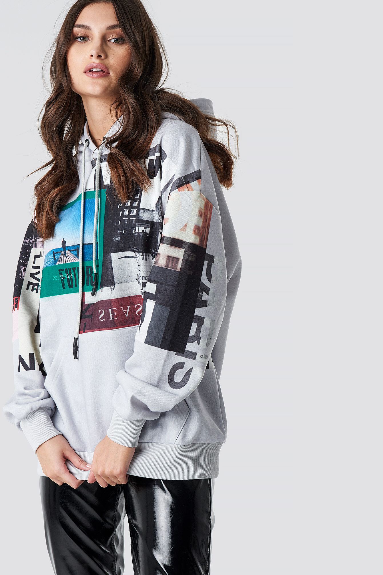 Poster Print Oversized Hoodie Grey