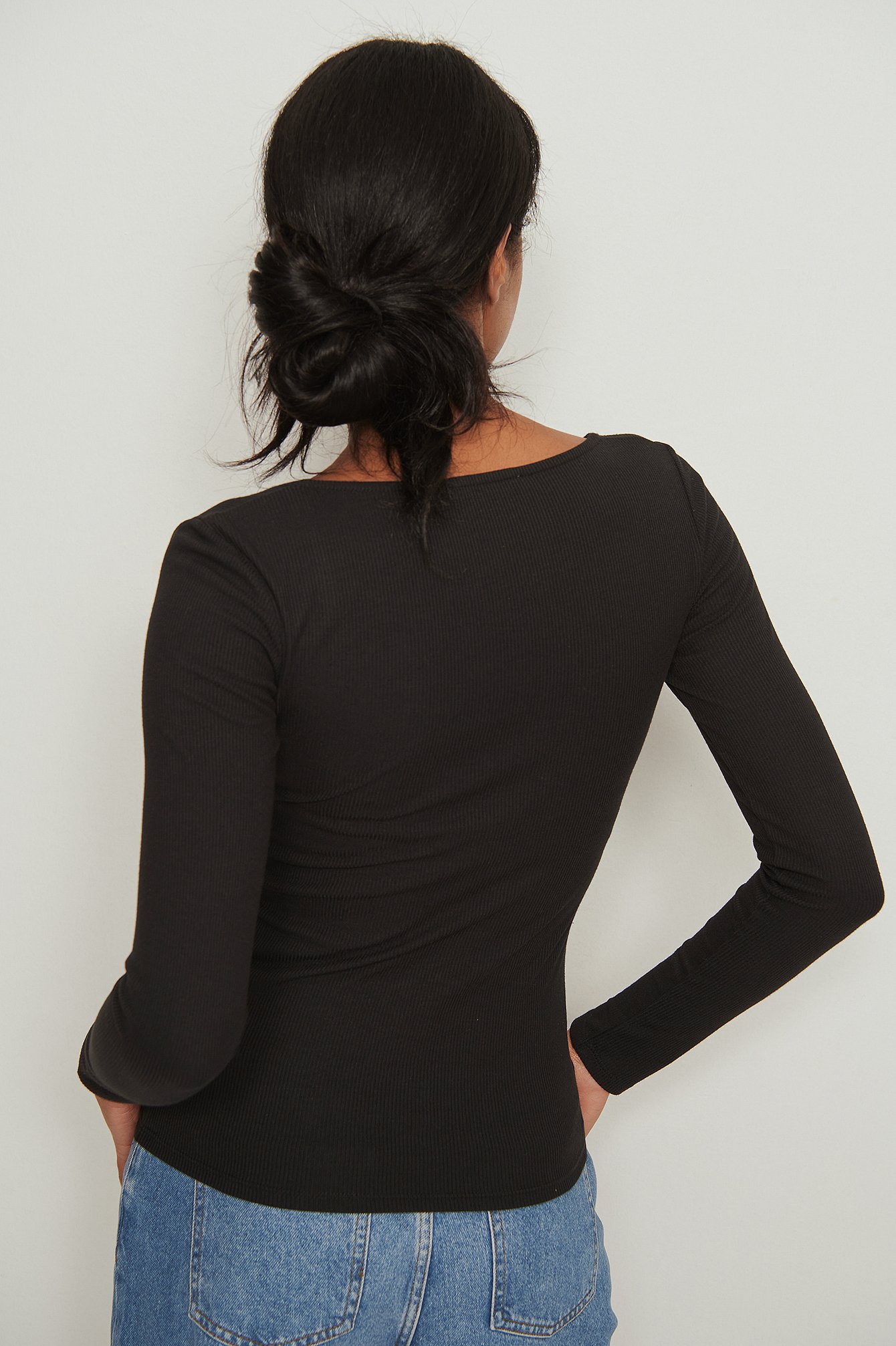 Black Recycled Press Button Long Sleeve Top