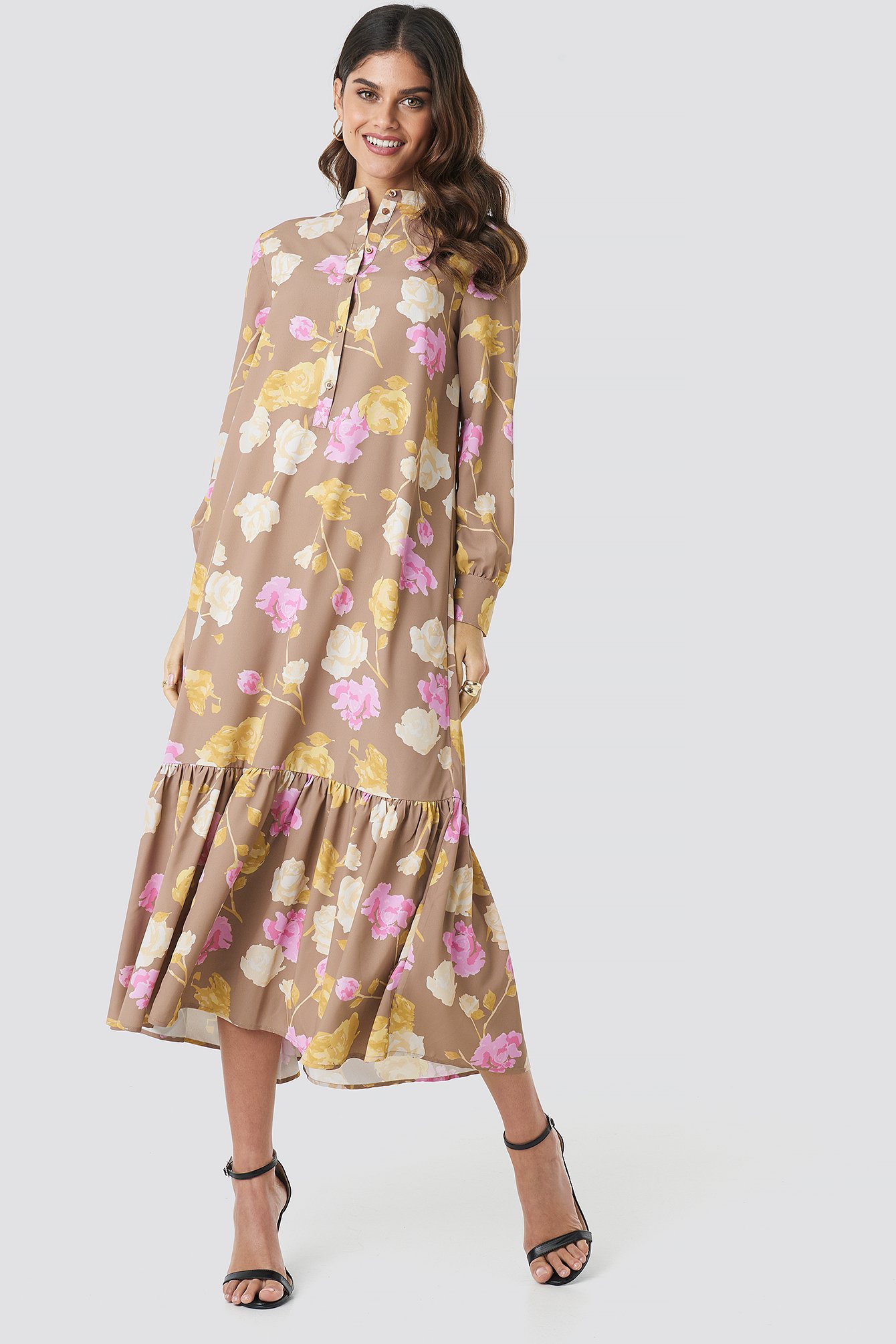 Pastel Rose Brown Printed Maxi Dress