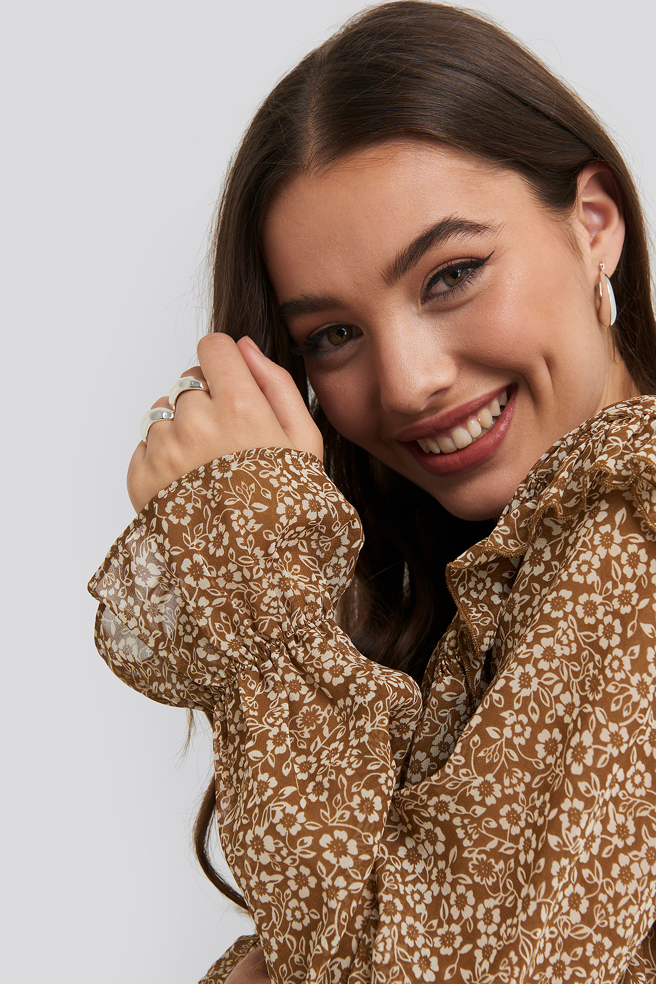 Printed Smock Neck Blouse Brown