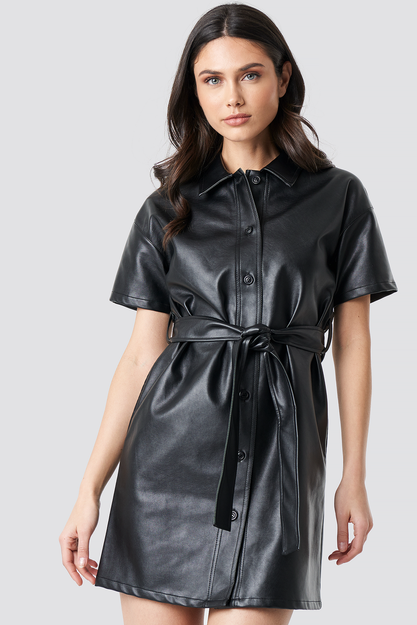 PU Belted Shirt Dress Black
