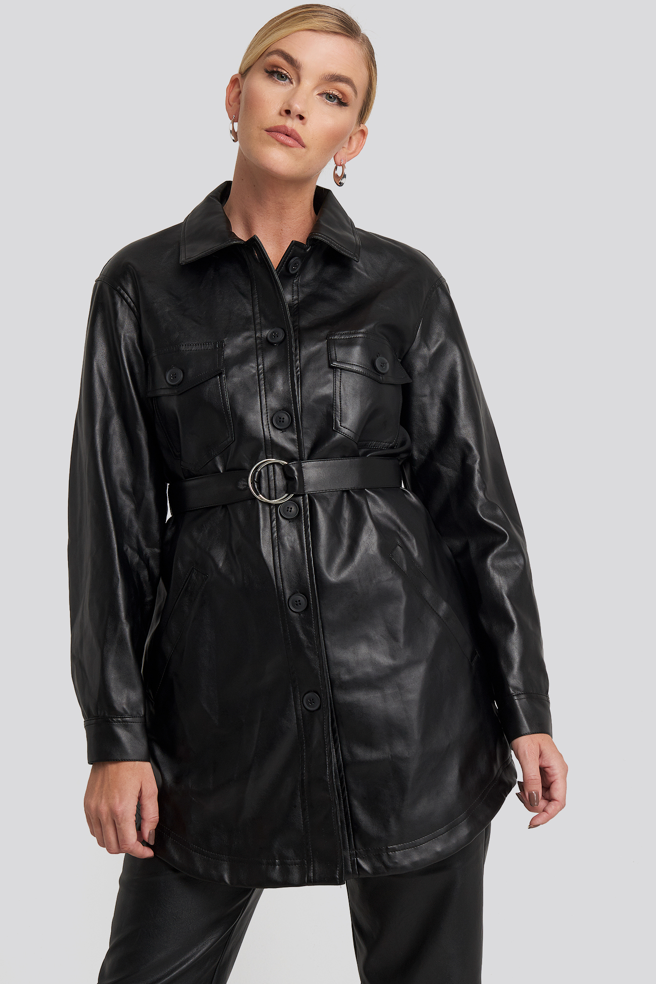 Pu Belted Shirt Jacket Black