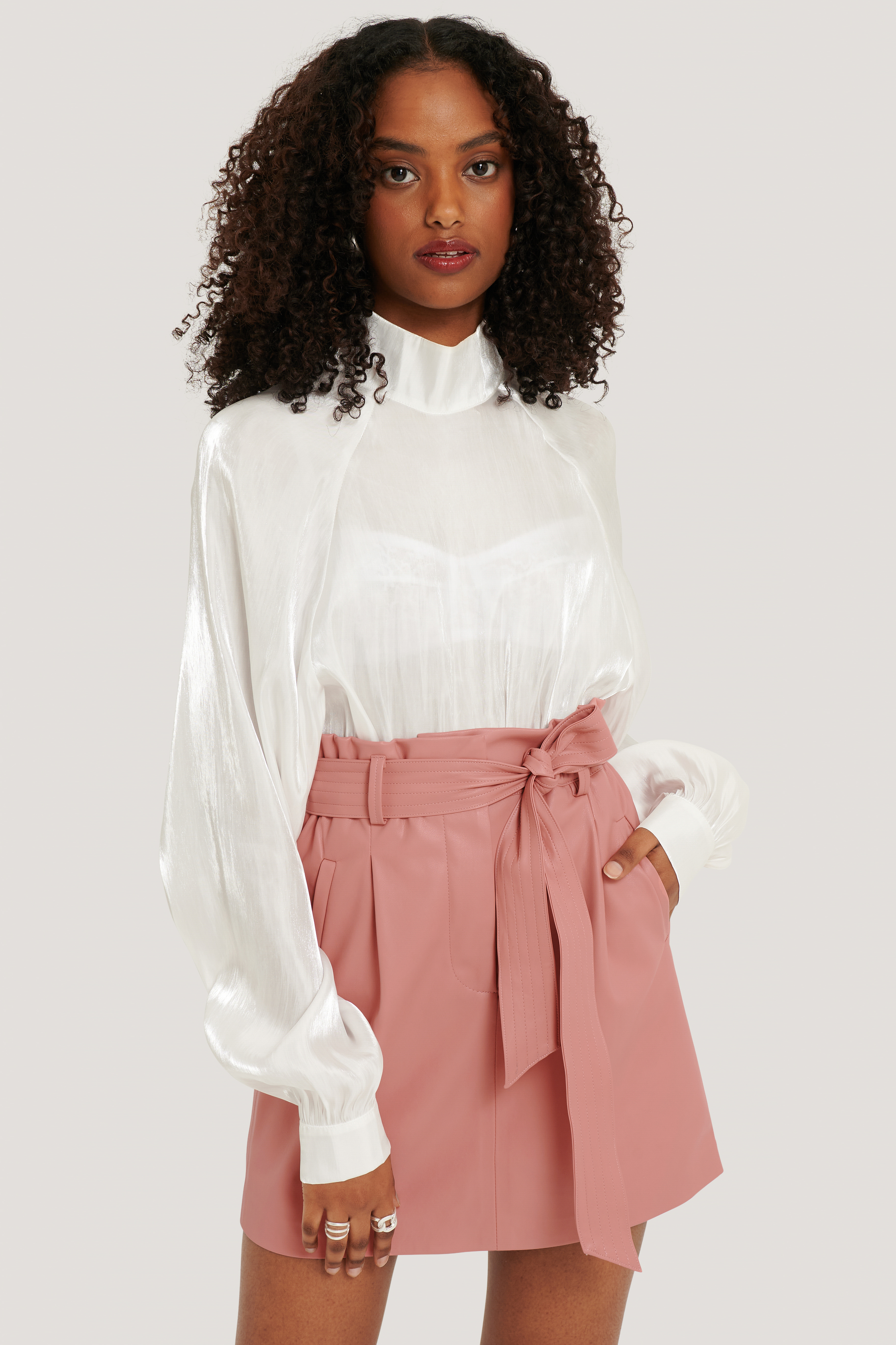 Womens Chic Pu Leather Pleated Skirt Ruffles Tie Belt Waist Pocket Skirt Bsk main image 1