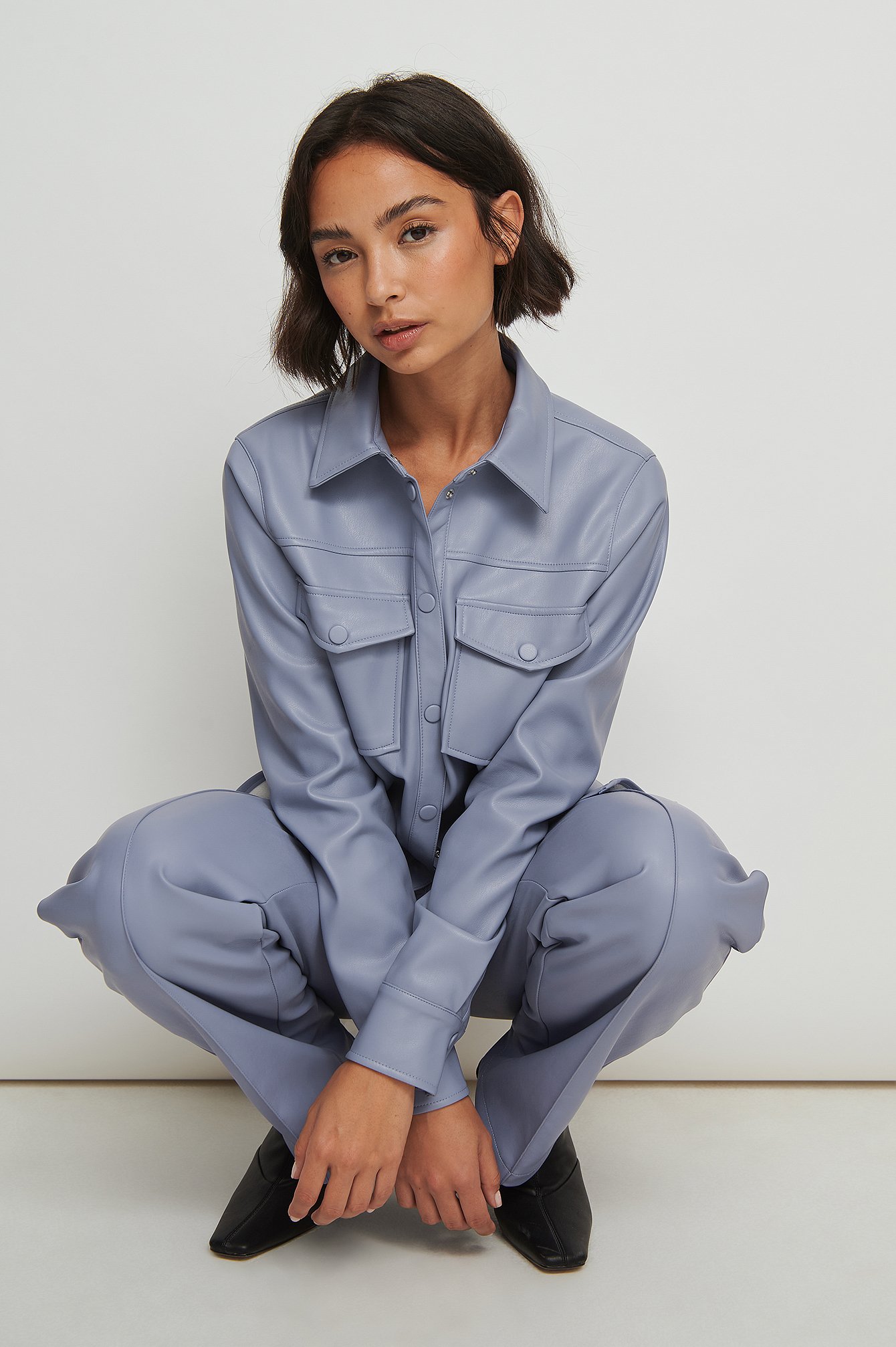 Grey/Blue PU-skjorte med doble lommer