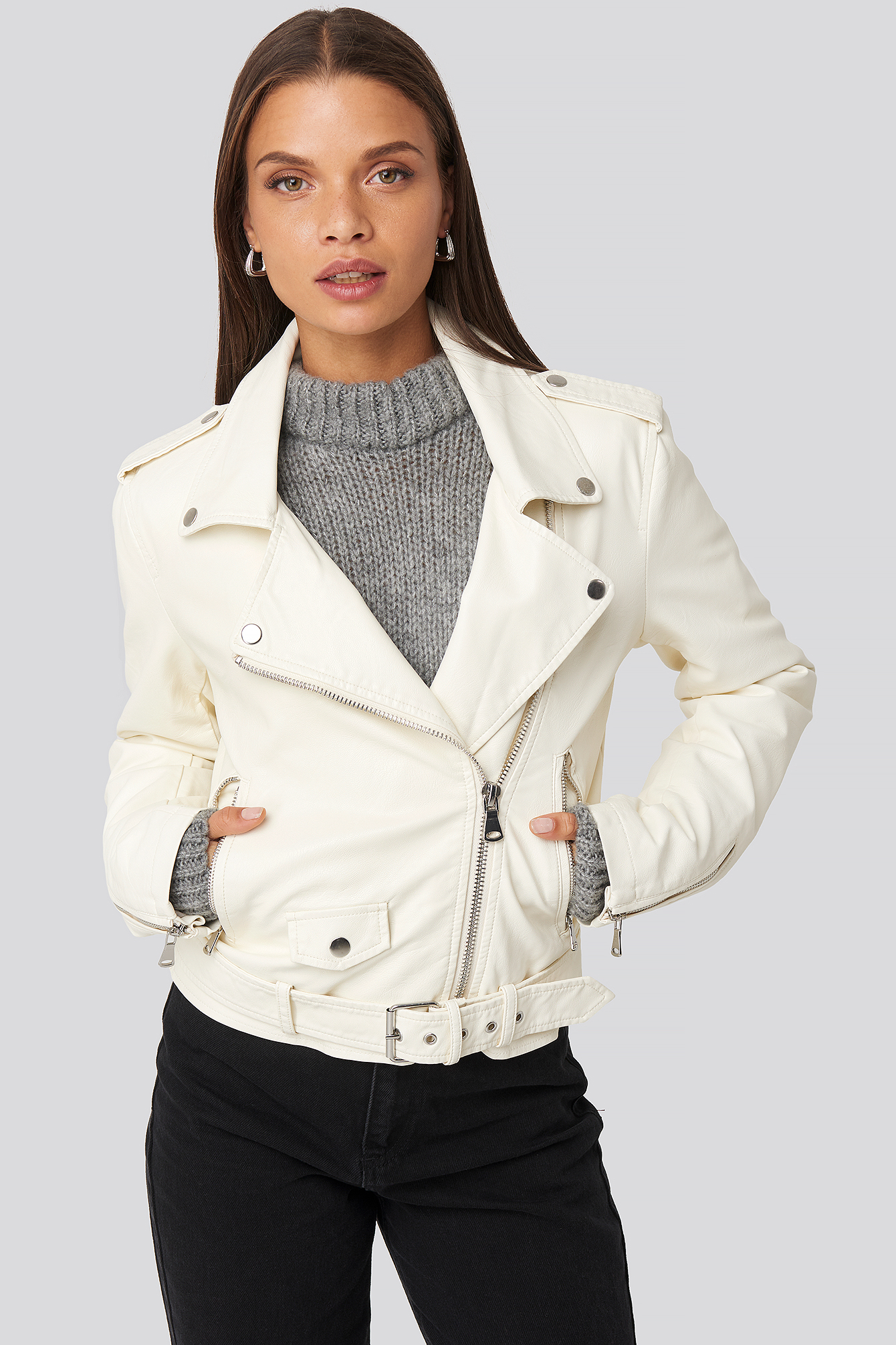 Pu Leather Biker Jacket Cream