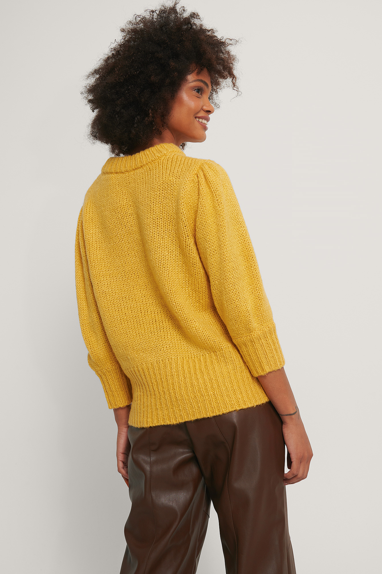Dusty Yellow Puff LS Round Neck Knitted Sweater