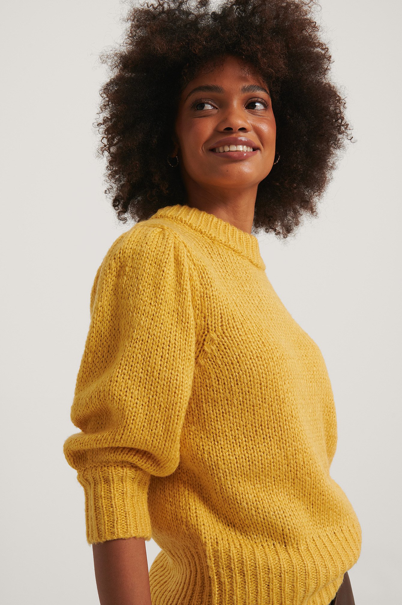 Dusty Yellow Puff LS Round Neck Knitted Sweater