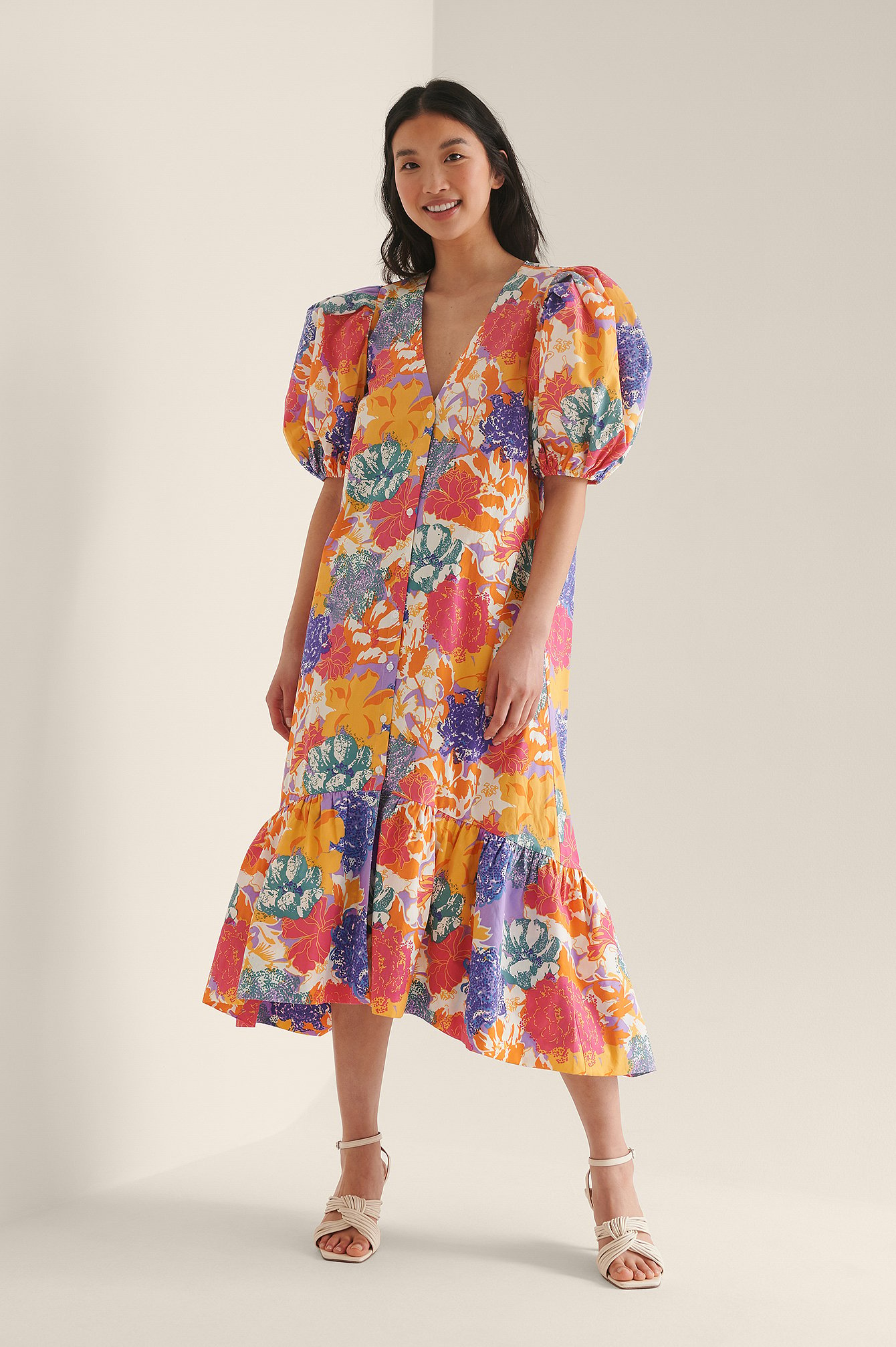 Multi Floral Print Puff Shoulder Button Detail Dress