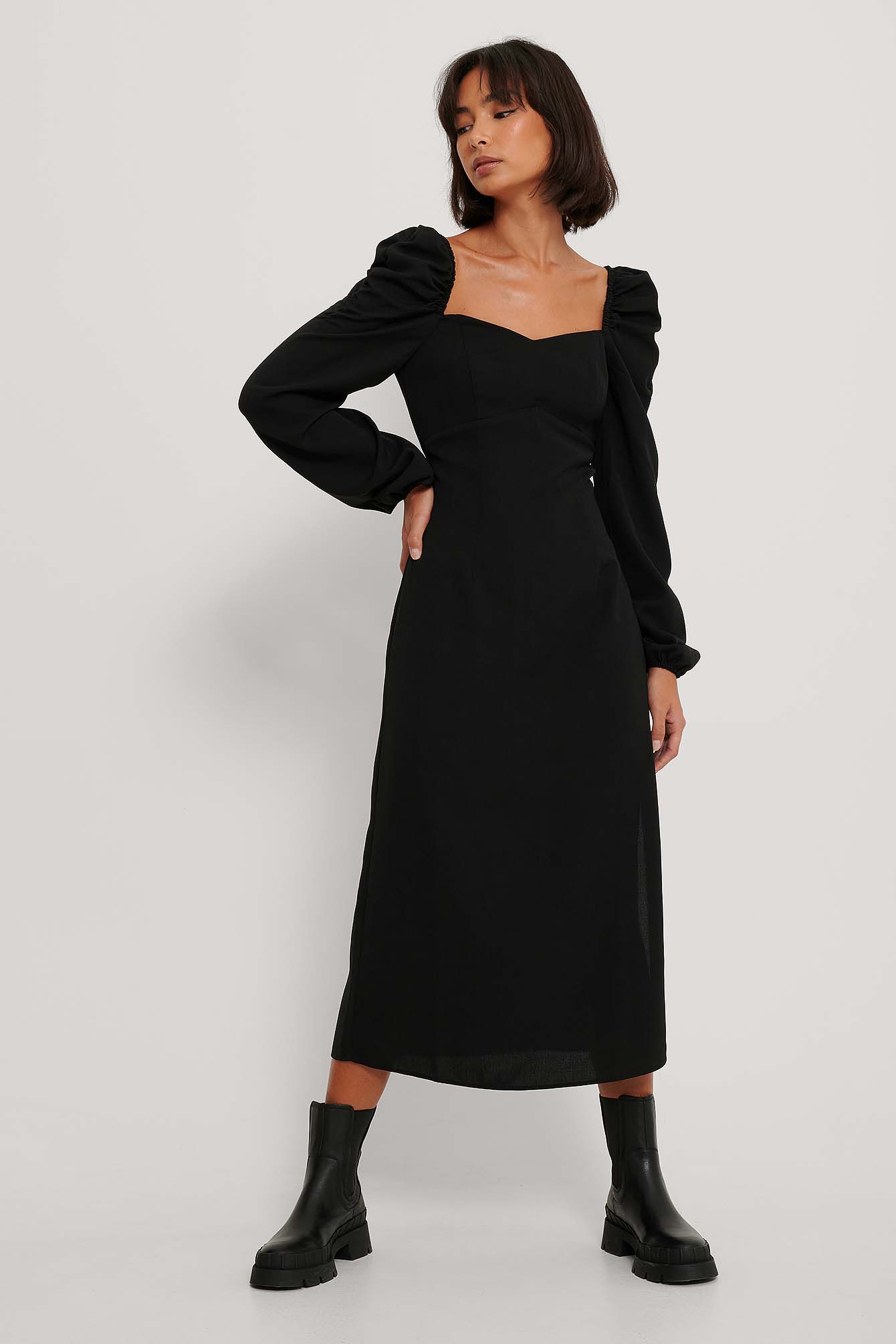 Puff Shoulder Midi Dress Black | na-kd.com