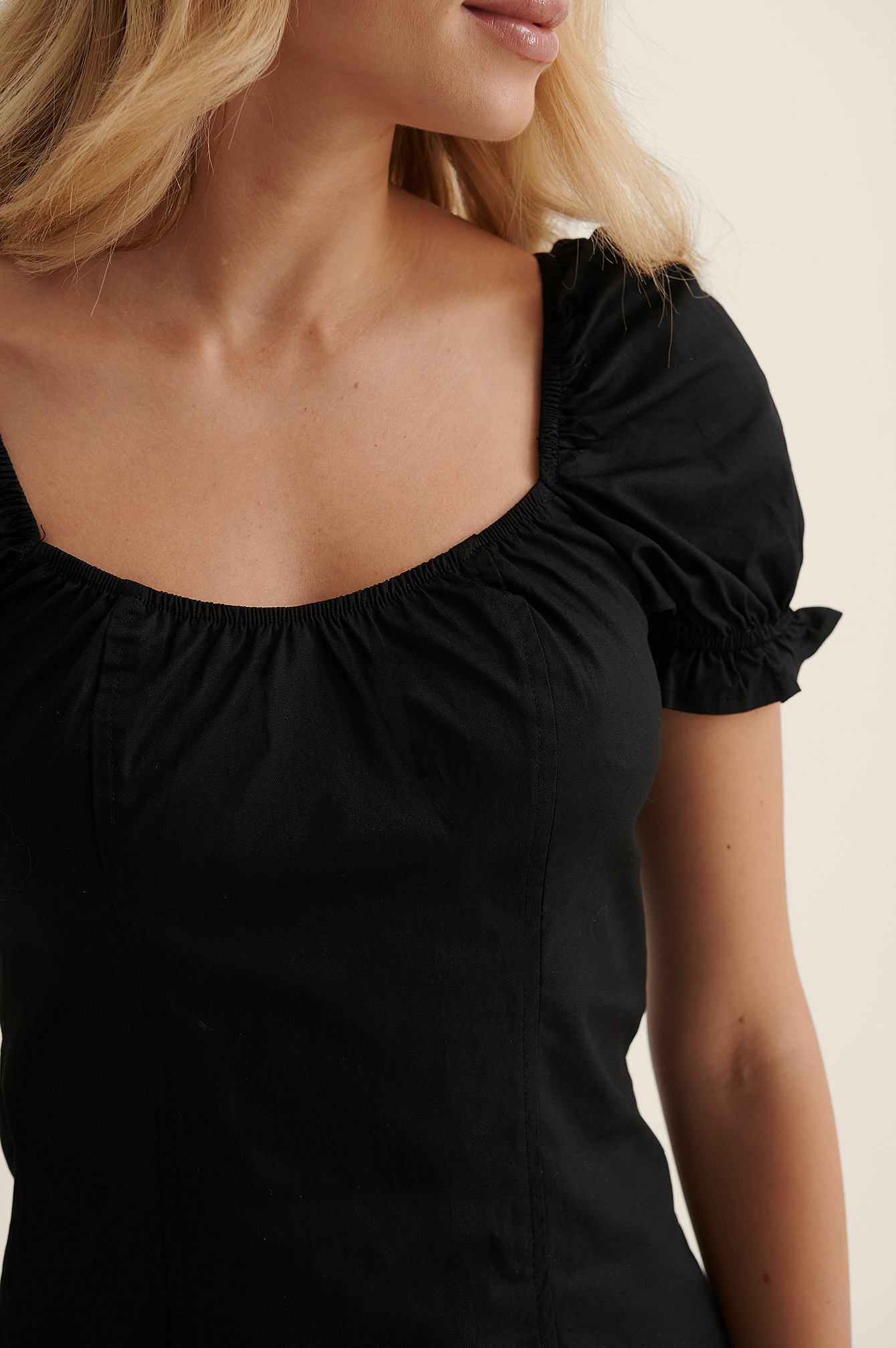 Black Organic Puff Shoulder Mini Dress