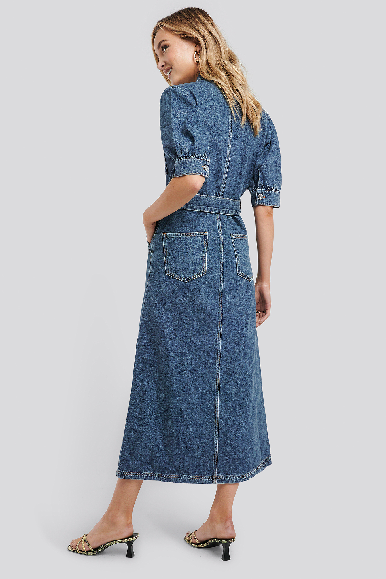 Puff Sleeve Belted Denim Dress Blue