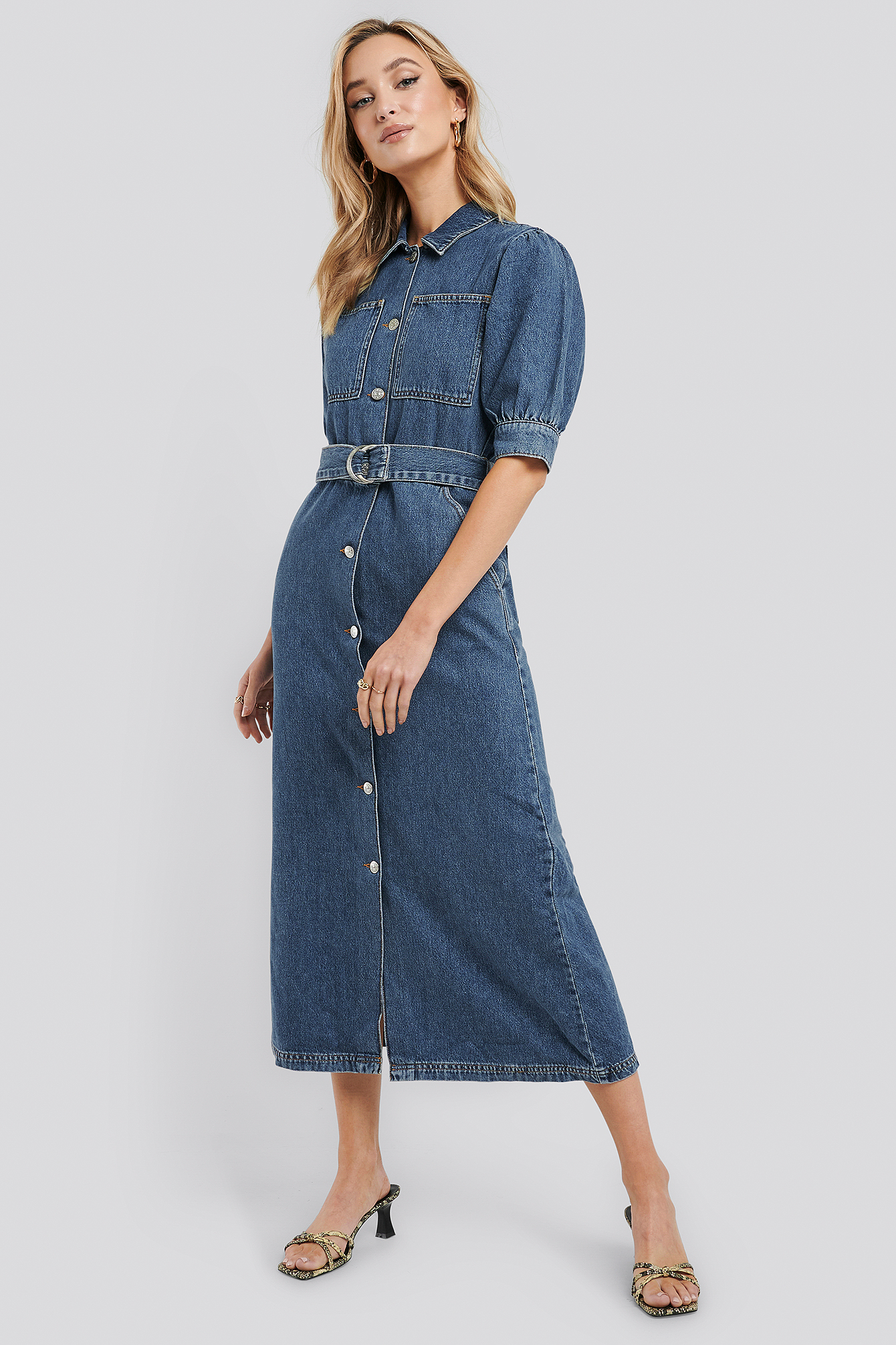 Puff Sleeve Belted Denim Dress Blå