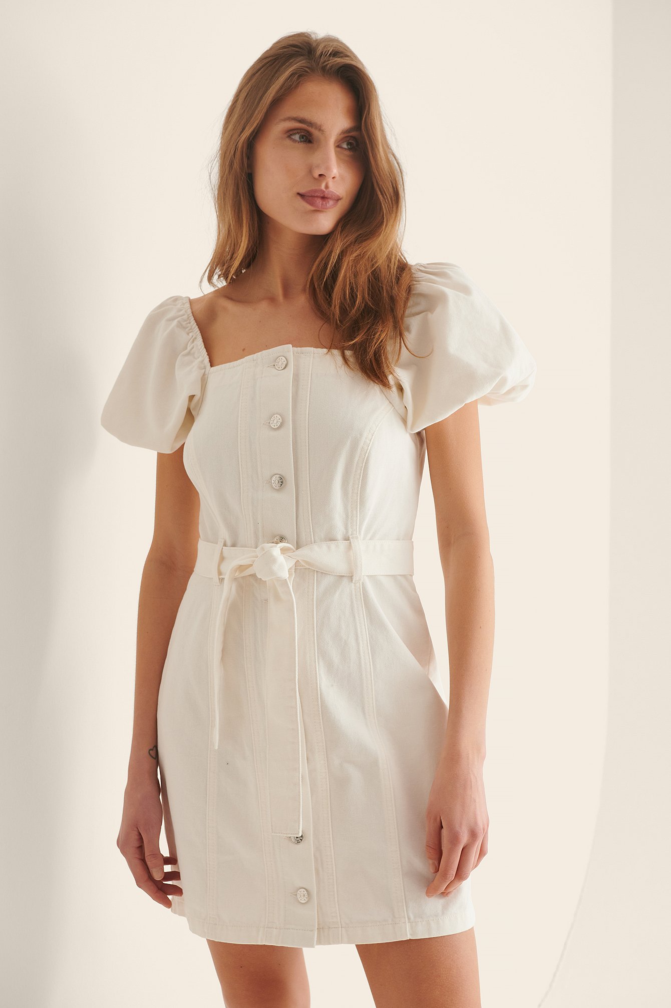 White Organic Puff Sleeve Belted Dress