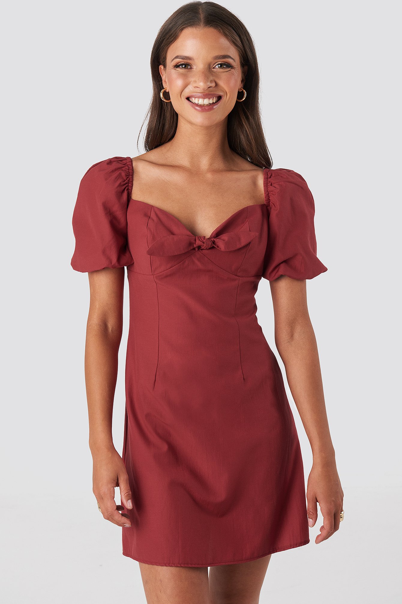 Na-Kd Party Puff Sleeve Bow Mini Dress - Red