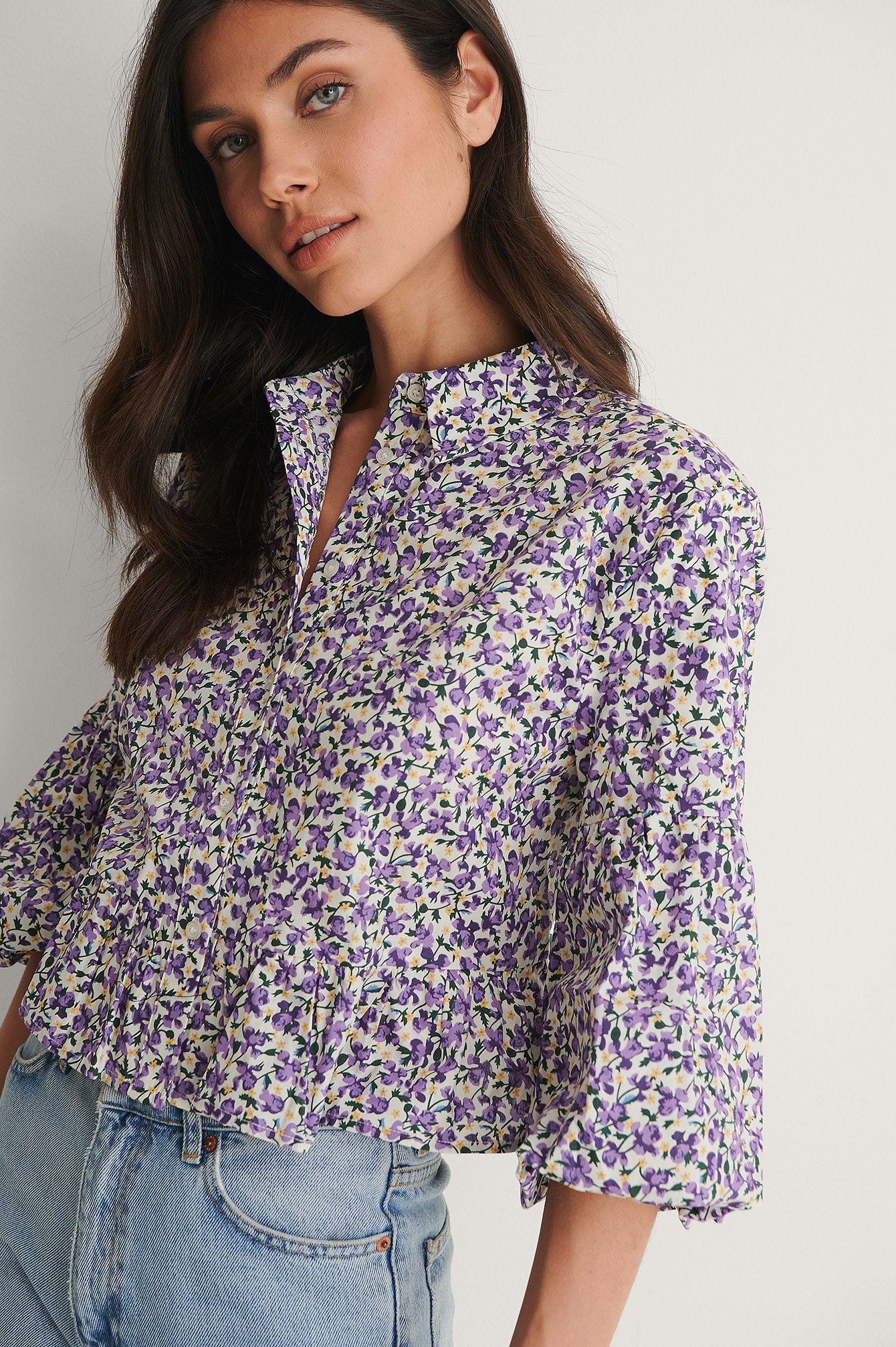Lilac Flower Puff Sleeve Collar Blouse