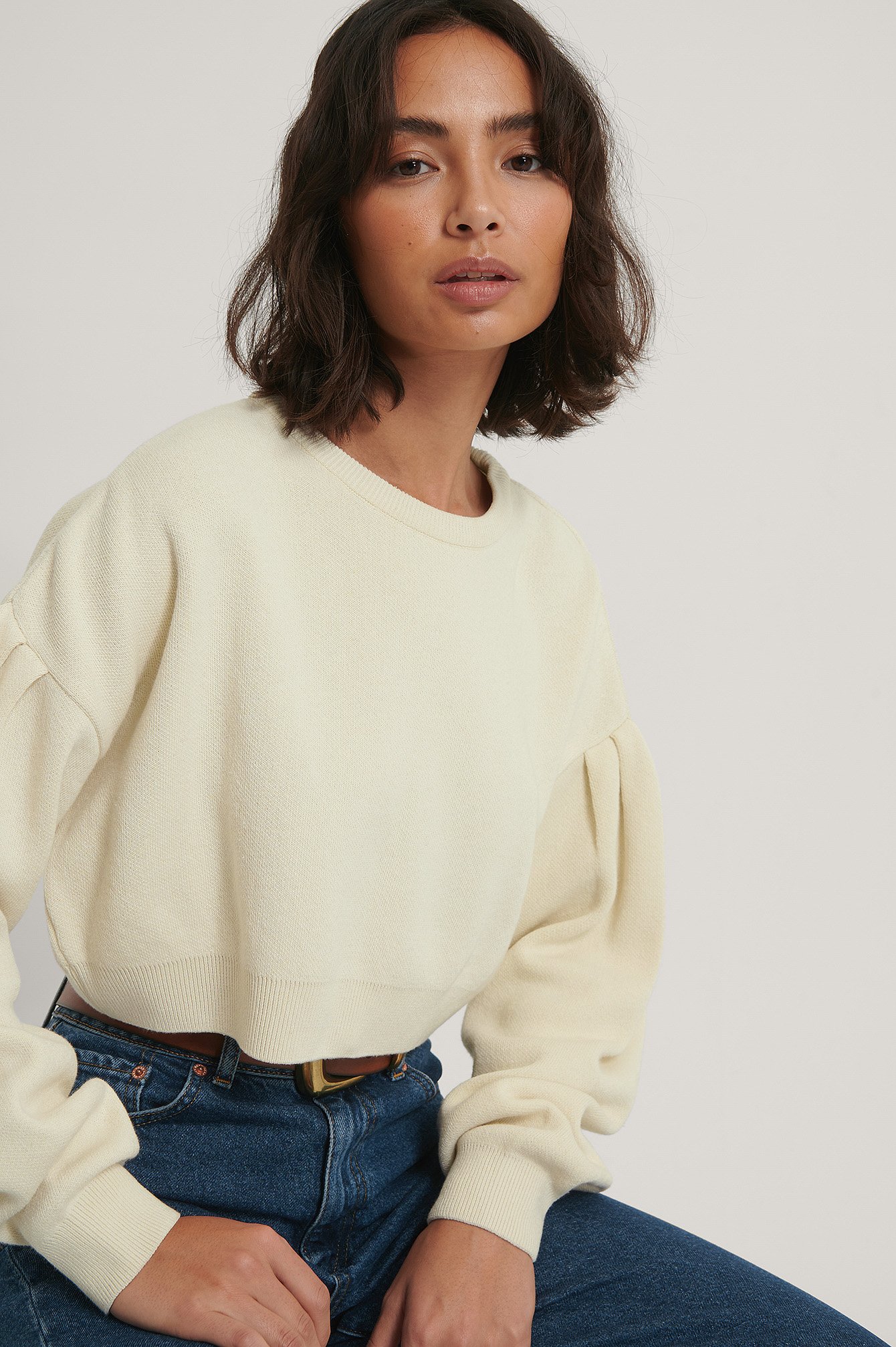 Off White Puff Sleeve Cropped Knitted Sweater