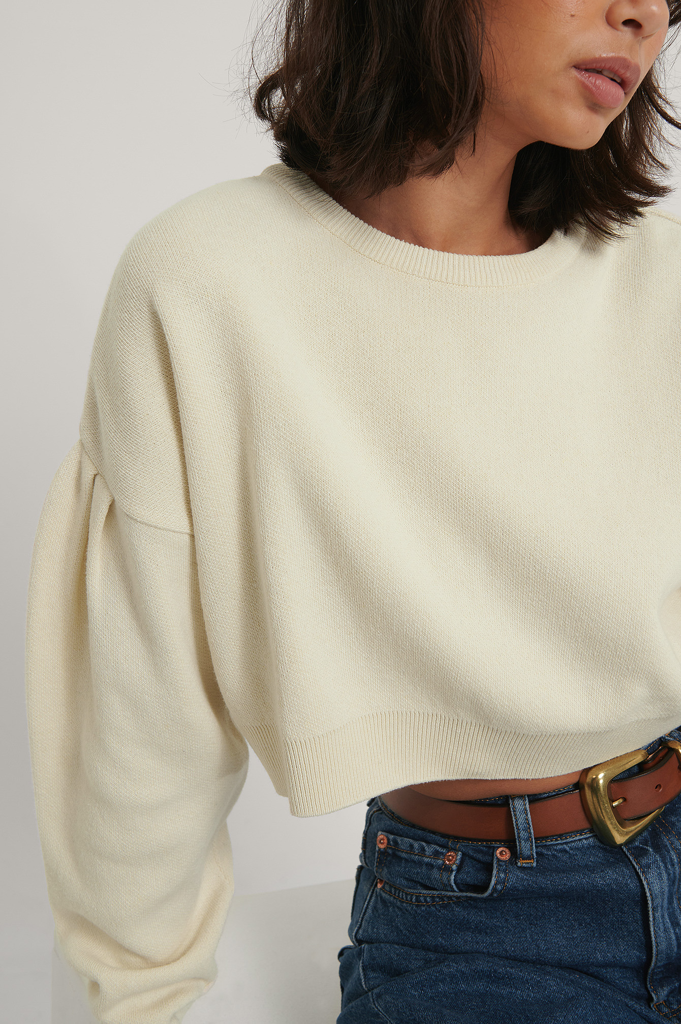 Off White Recycled Puff Sleeve Cropped Knitted Sweater