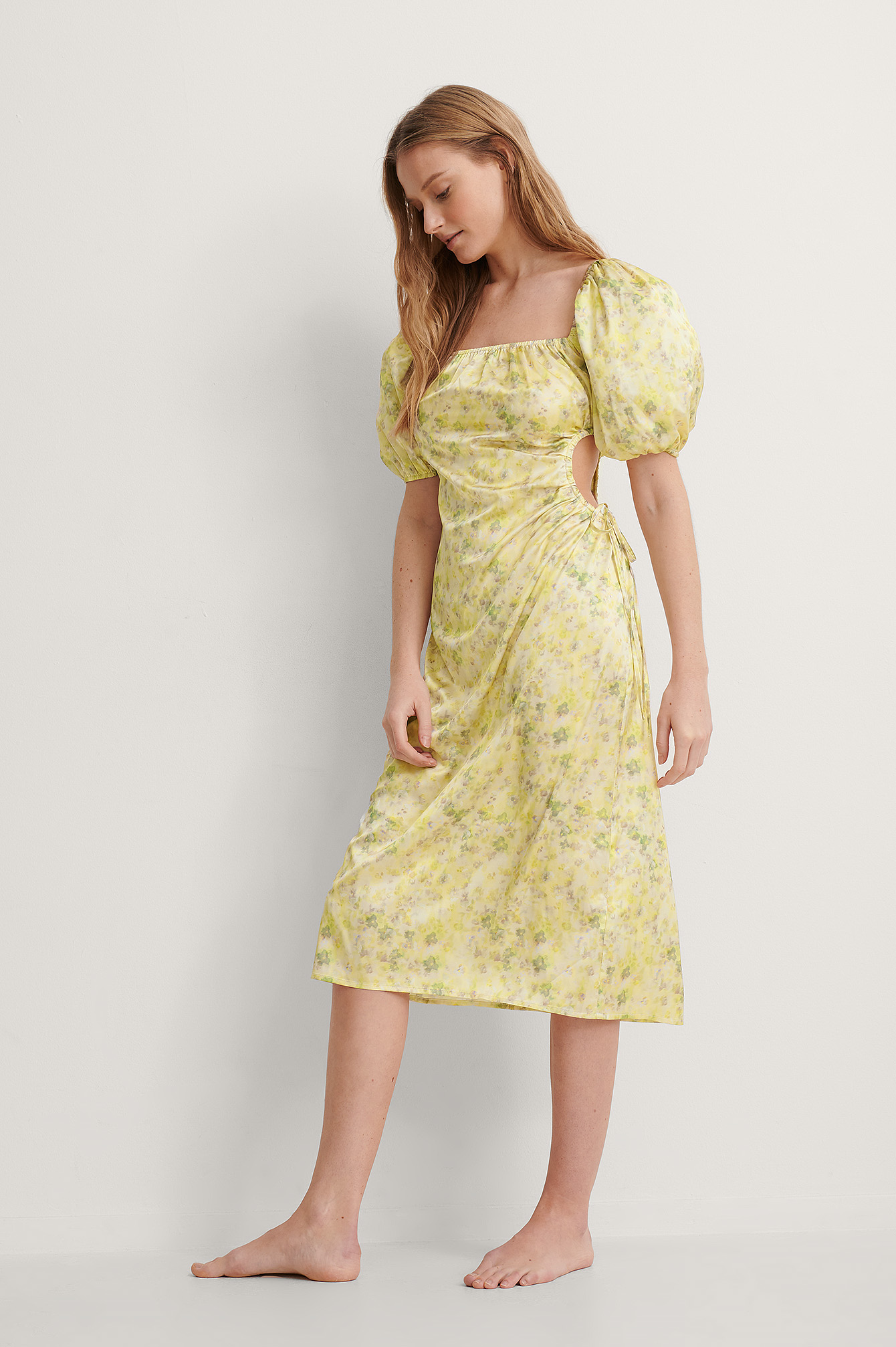 Puff Sleeve Cut Out Dress Flower | na 
