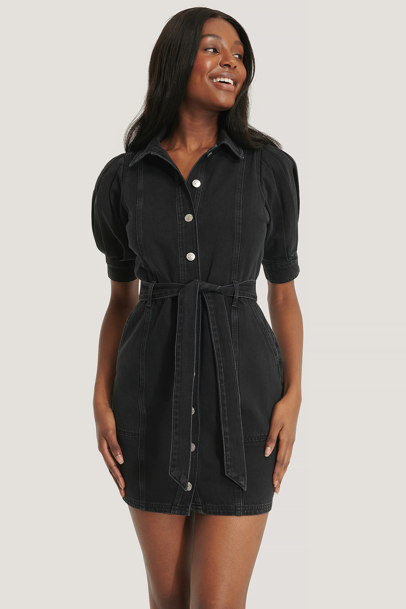 nakd denim dress Na-kd Reborn Organic Puff Sleeve Denim Dress Black
