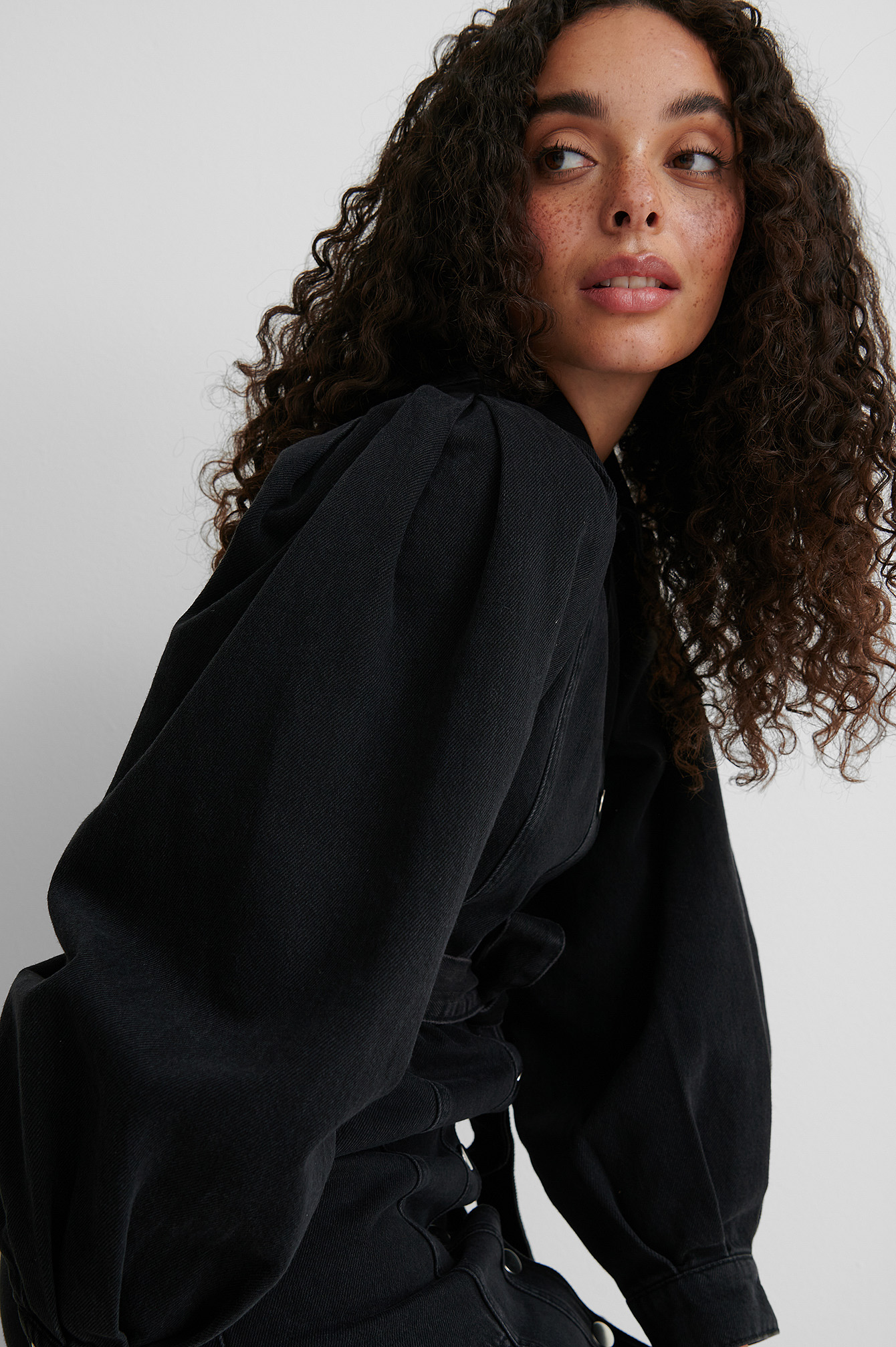 Puff Sleeve Denim Long Sleeve Dress 