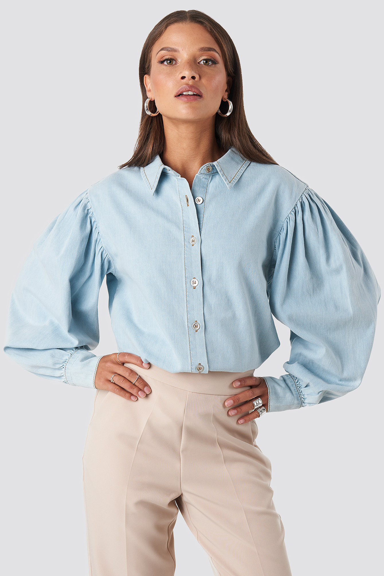 Puff Sleeve Denim Shirt Light Blue