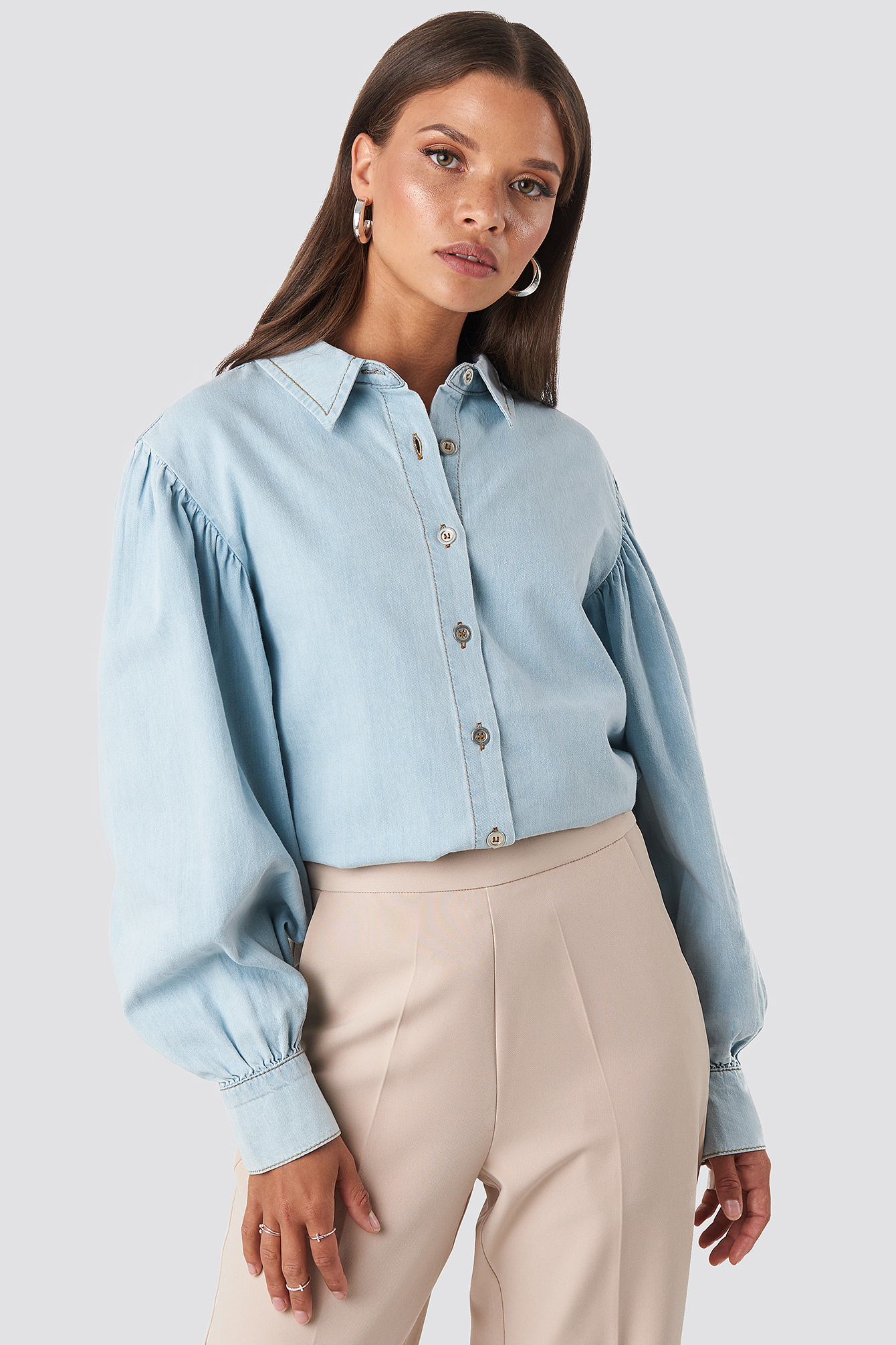 Puff Sleeve Denim Shirt Blue | na-kd.com