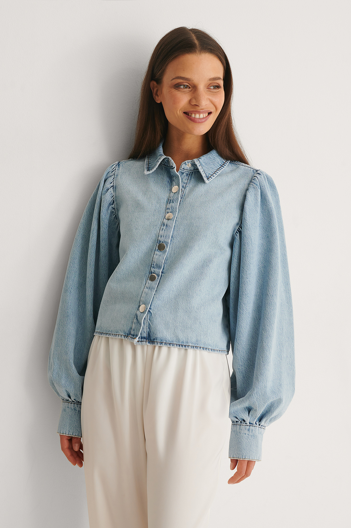 Shirt met pofmouwen van denim Blauw 