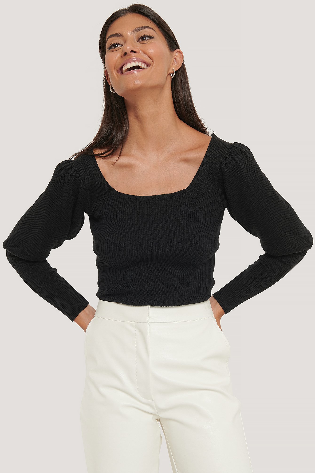Black Puff Sleeve Knitted Top
