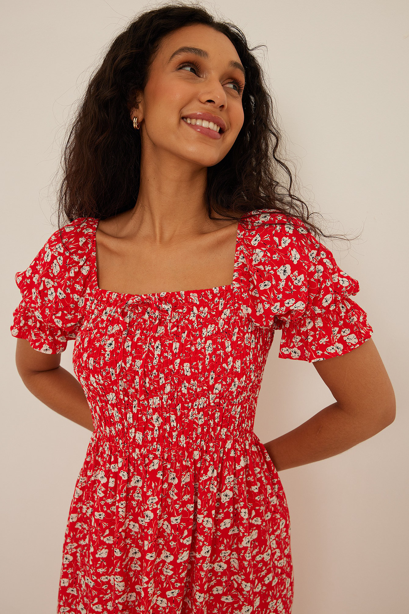 Red Floral Puff Sleeve Midi Dress