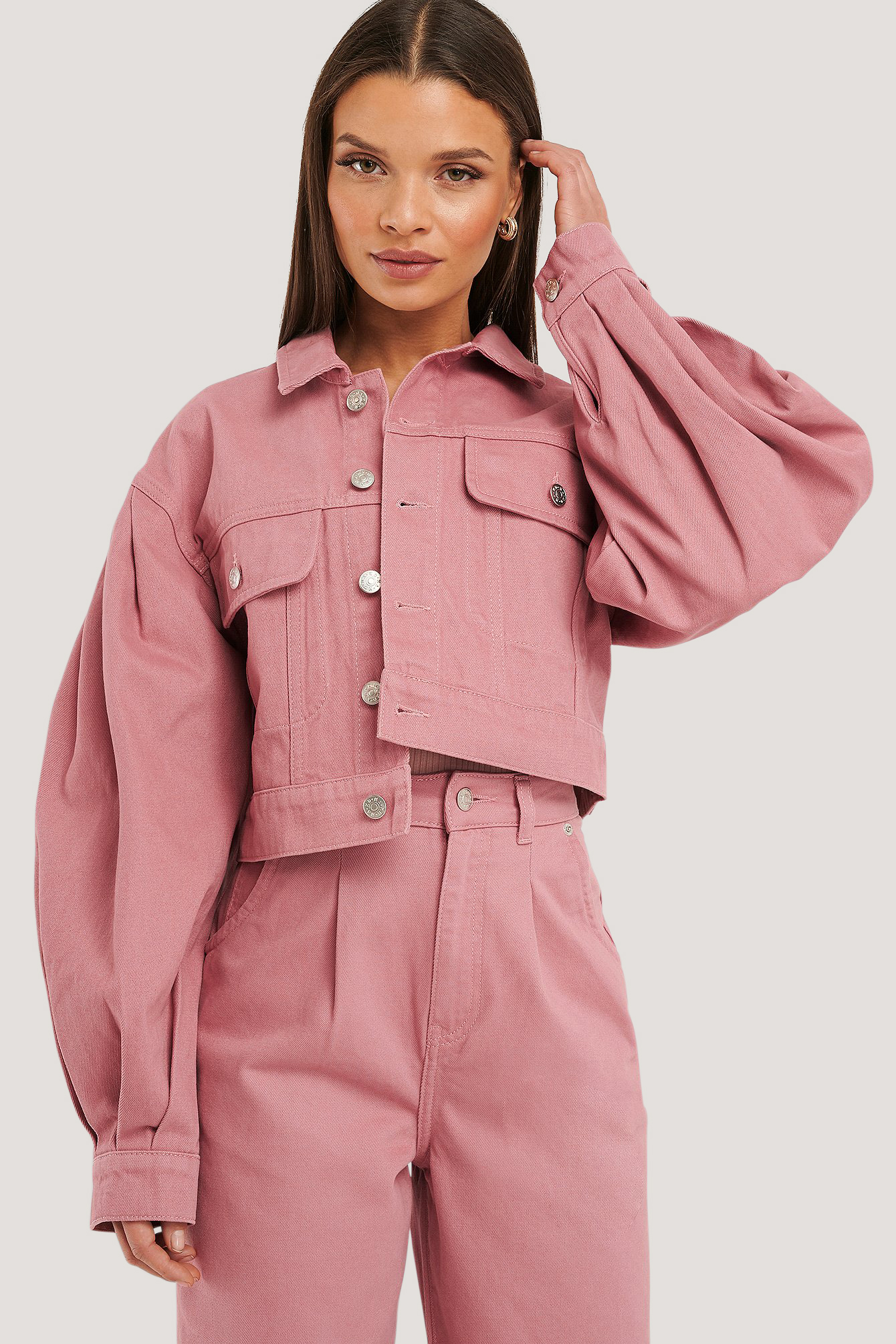 Puff Sleeve Oversized Denim Jacket Pink | na-kd.com